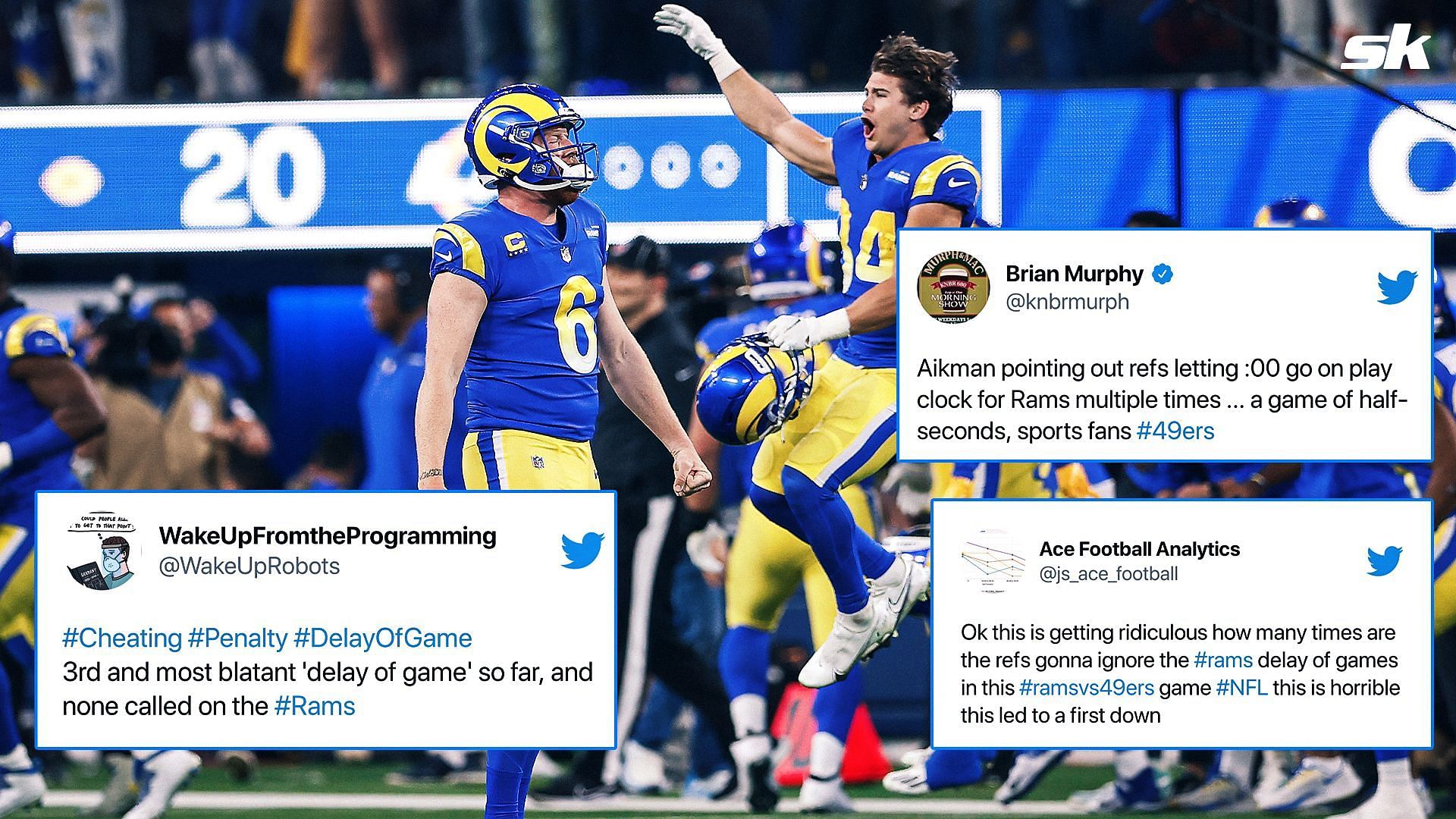 Just a few tweets that discussed lack of delay of games calls during the LA Rams vs San Francisco 49ers game