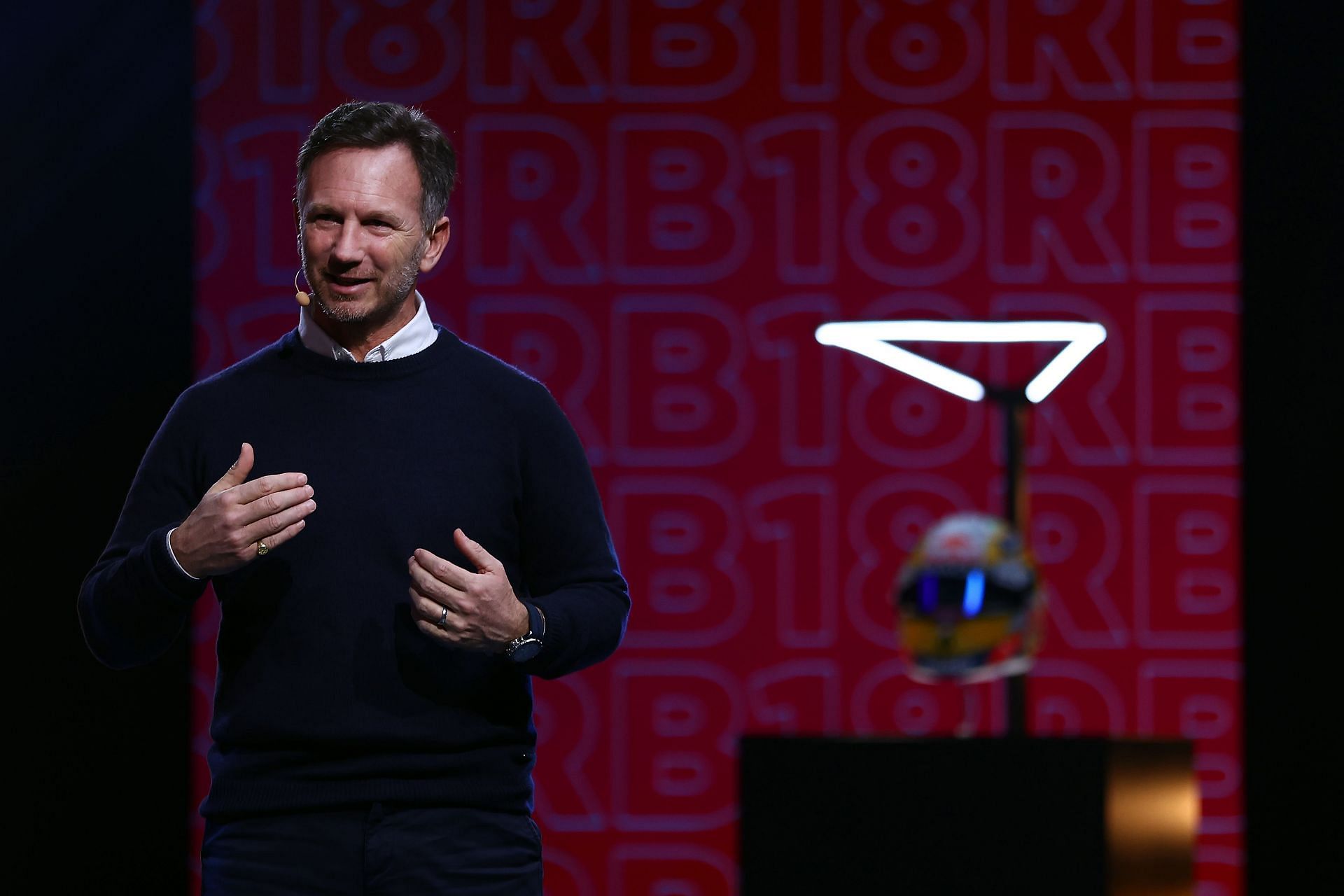 Red Bull Racing team principal Christian Horner talks on stage during the Red Bull Racing RB18 launch (Photo by Bryn Lennon/Getty Images)