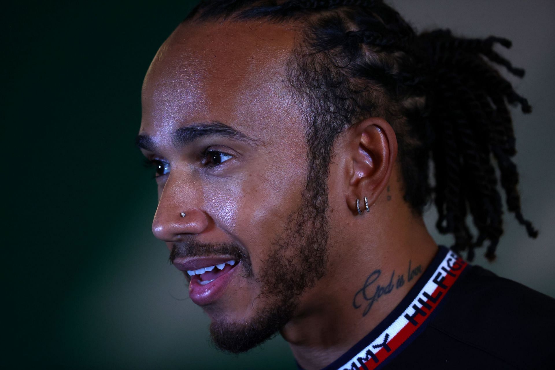 Lewis Hamilton talks to the media in the Paddock ahead of the 2021 season finale in Abu Dhabi (Photo by Clive Rose/Getty Images)