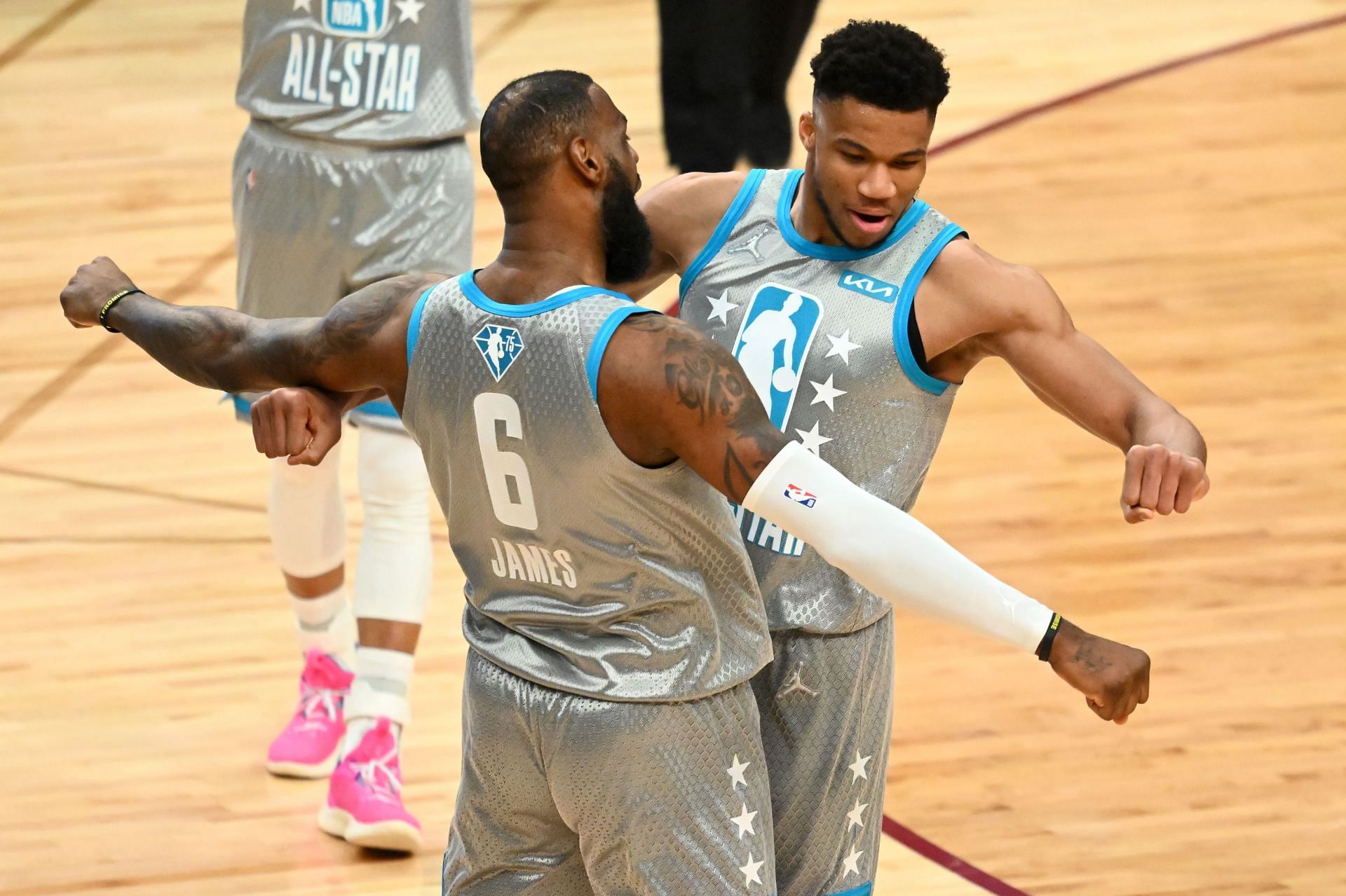 LeBron James and Giannis Antetokounmpo of Team LeBron celebrate after defeating Team Durant 163-160 at the NBA All-Star Game at Rocket Mortgage Fieldhouse on Sunday in Cleveland, Ohio.