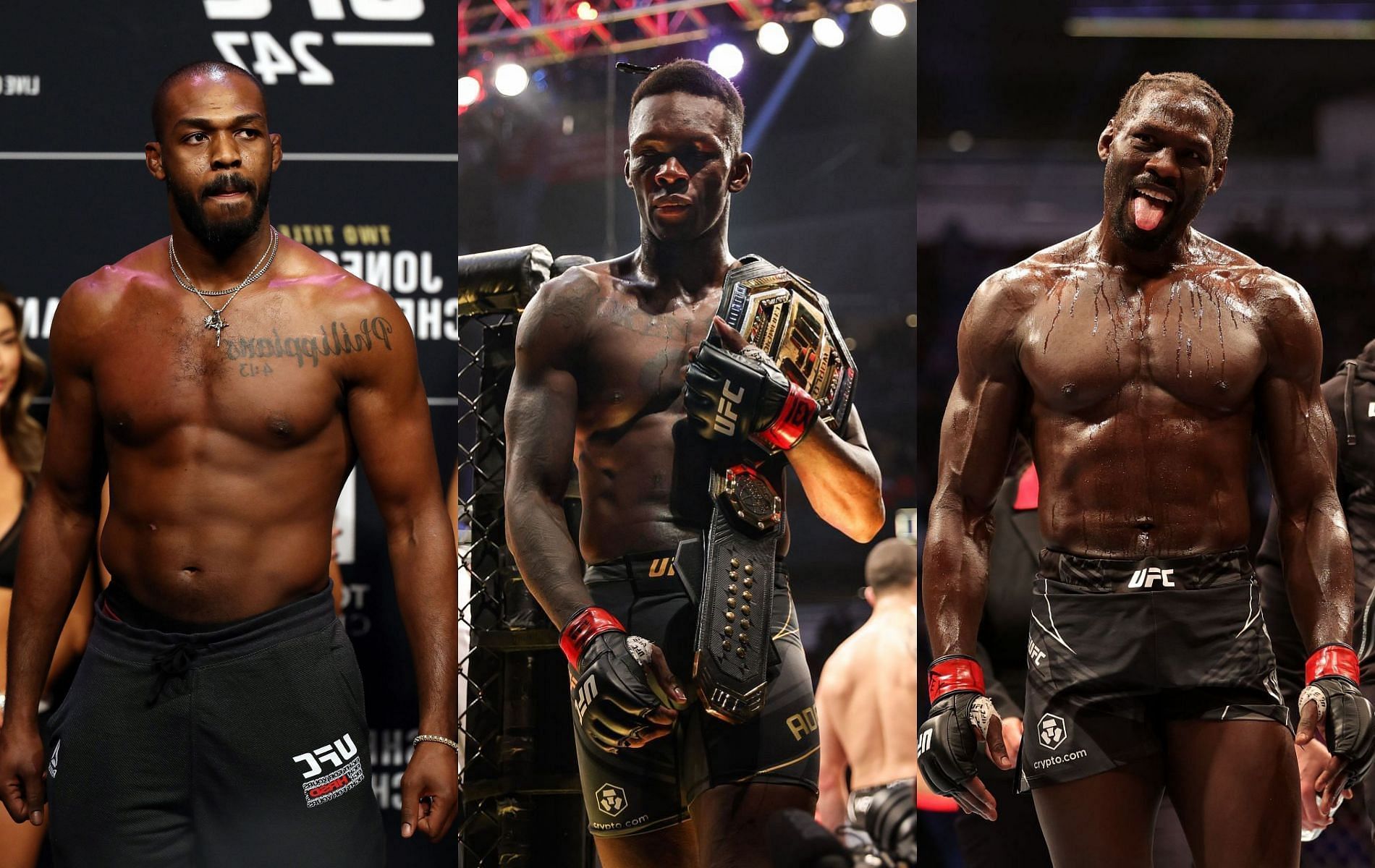 Jon Jones (left), Israel Adesanya (center) &amp; Jared Cannonier (right)