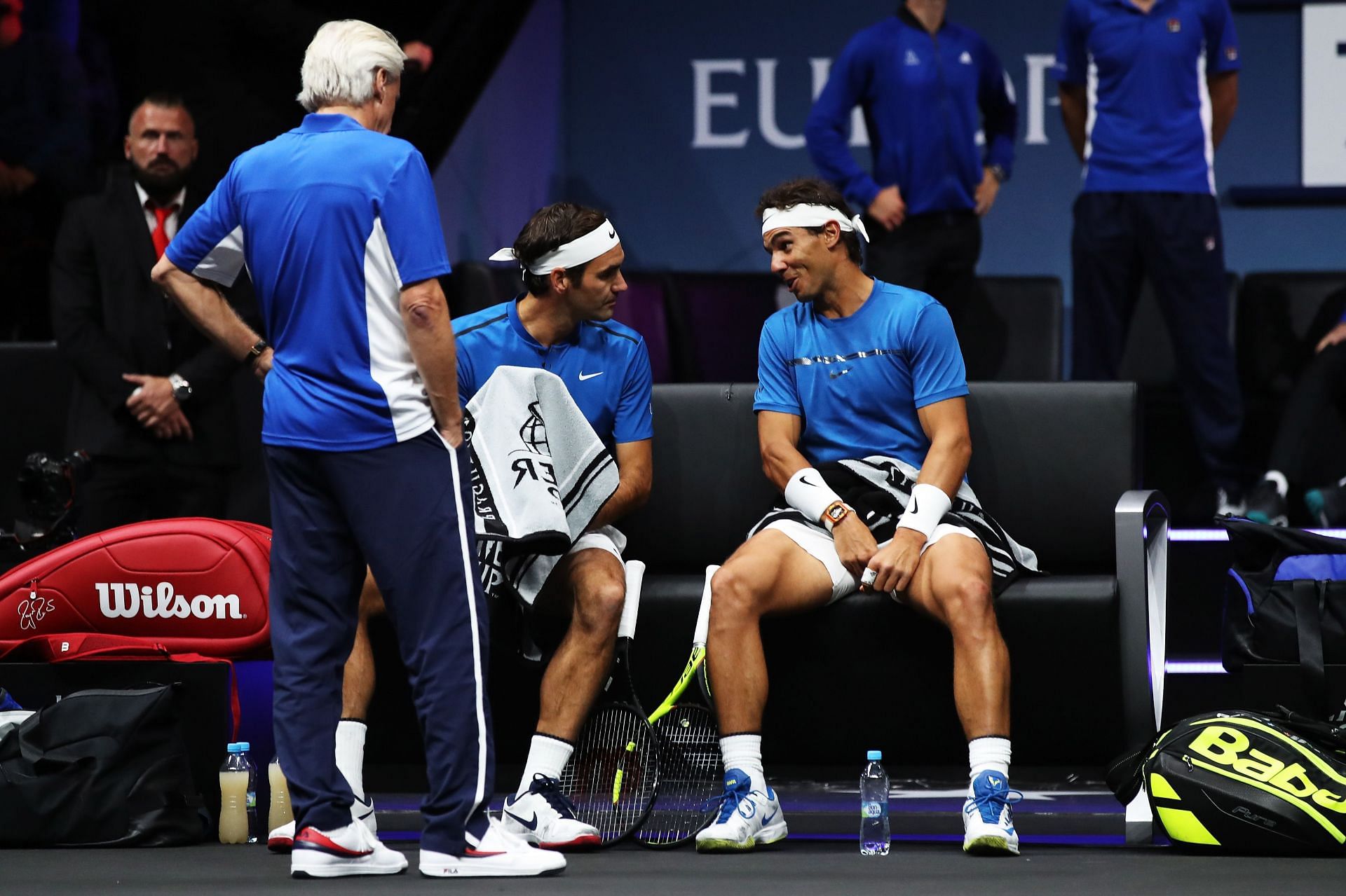 (L-R) Team Europe captain Bjorn Borg with Roger Federer and Rafael Nadal during the latter pair&#039;s doubles match at the 2017 Laver Cup