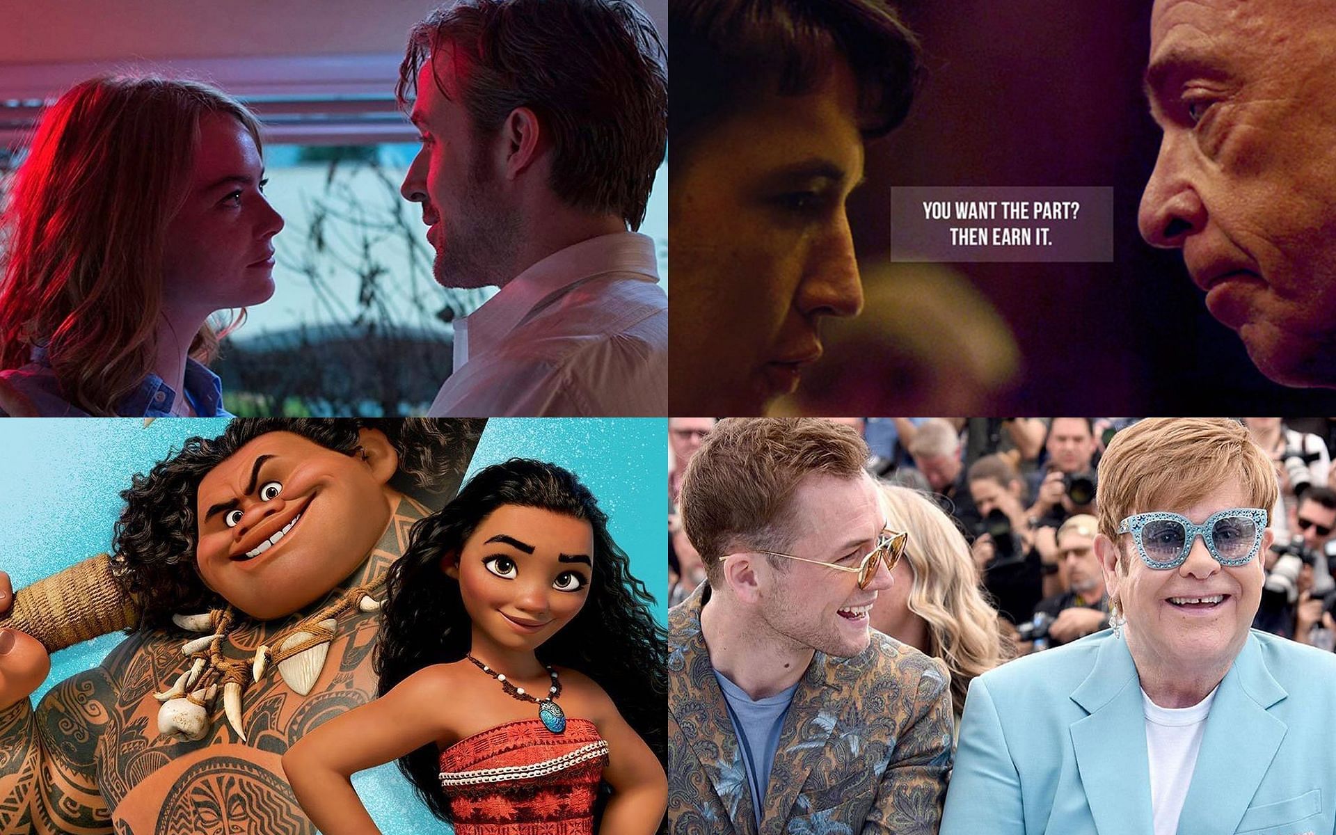 Stills from 5 movies on music in modern times (Image via Instagram: lalaland, whiplash.movie, nasirova_112 &amp; rocketmanmovie)