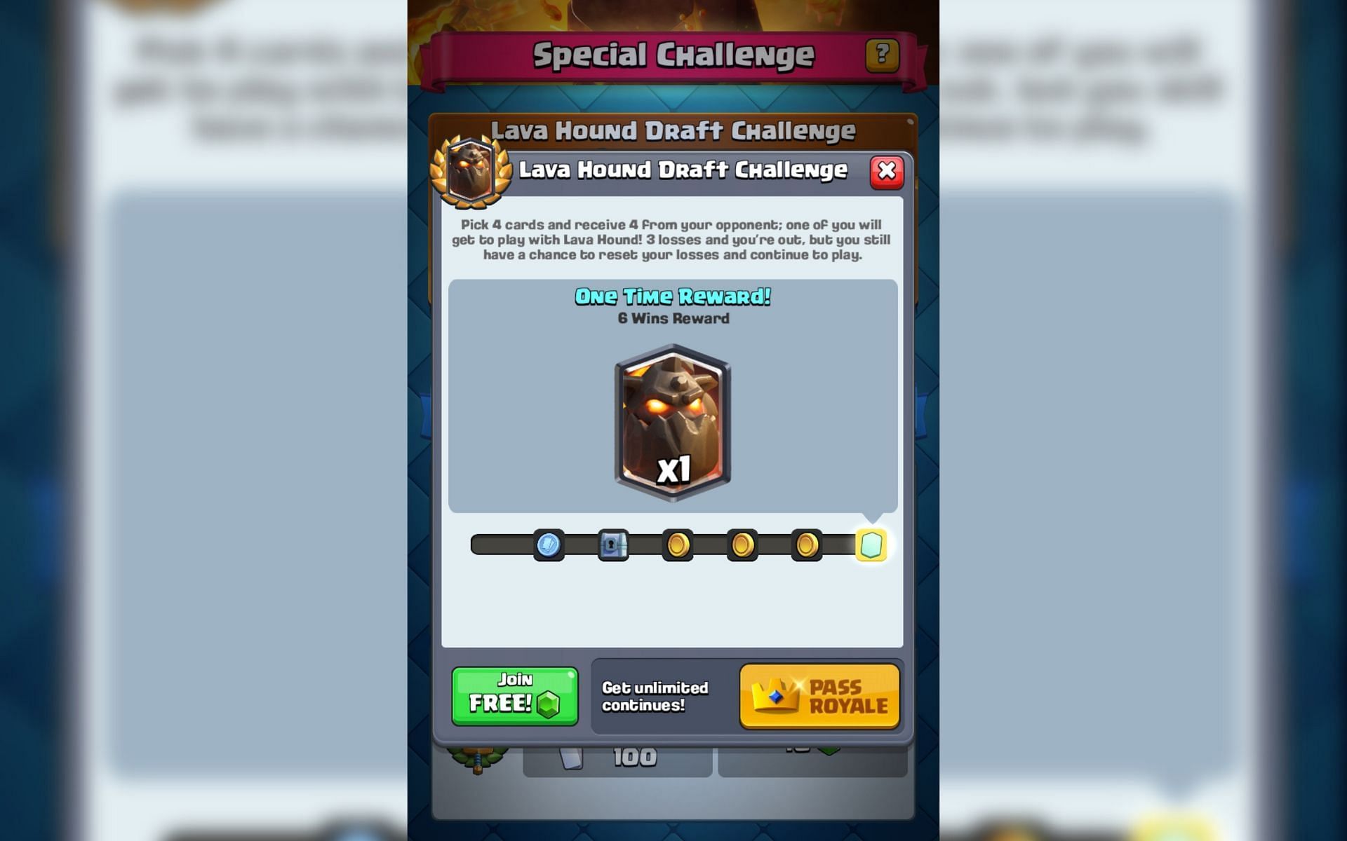 Lava Hound Draft Challenge rewards in Clash Royale (Image via Sportskeeda)