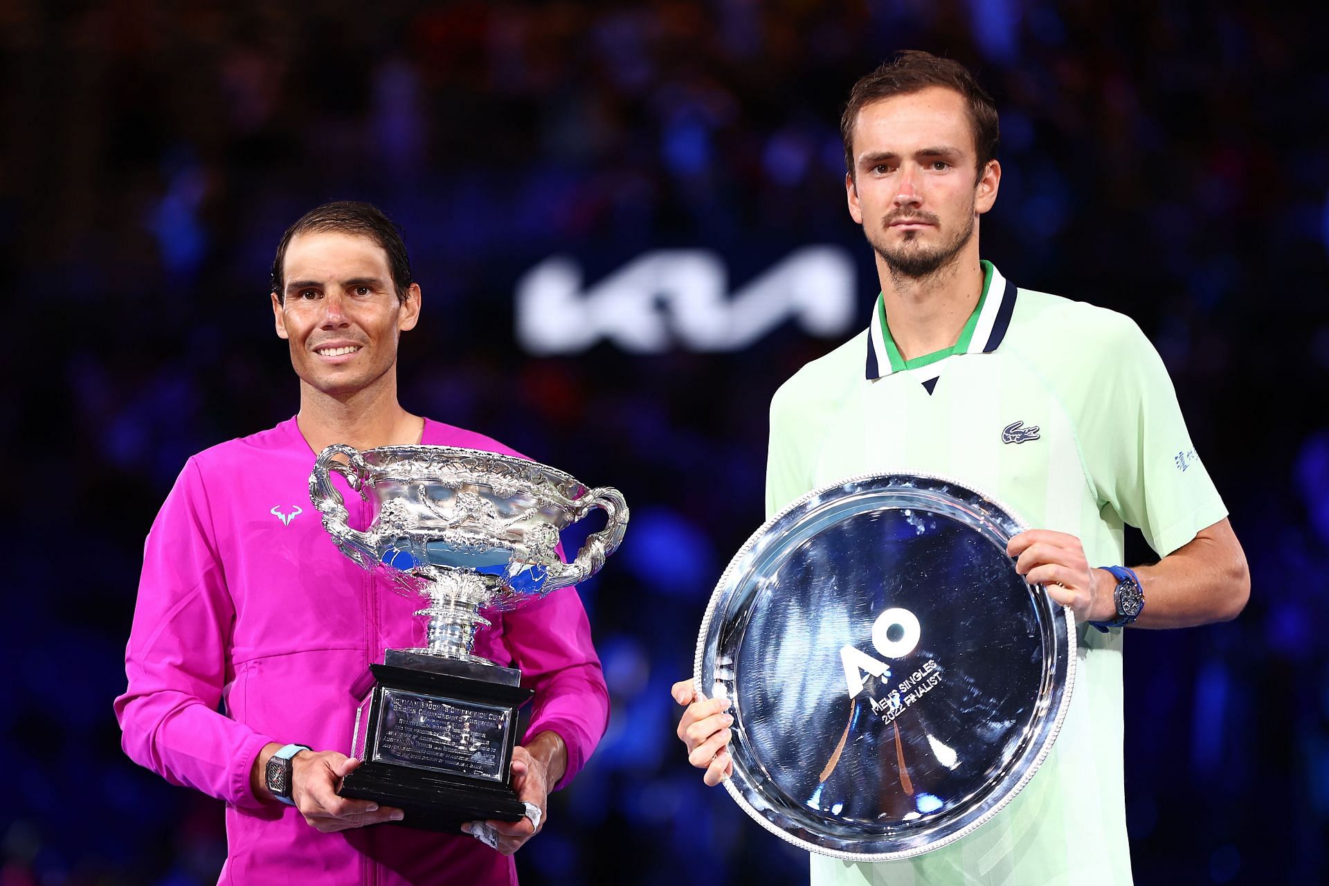 Rafael Nadal (L) &amp; Daniil Medvedev pose after 2022 Australian Open final