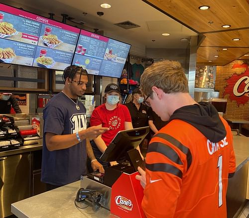 Ja'Marr Chase surprsied guests as he worked a shift at Raising Cane's in Cincinnati. (via @raisingcanes)