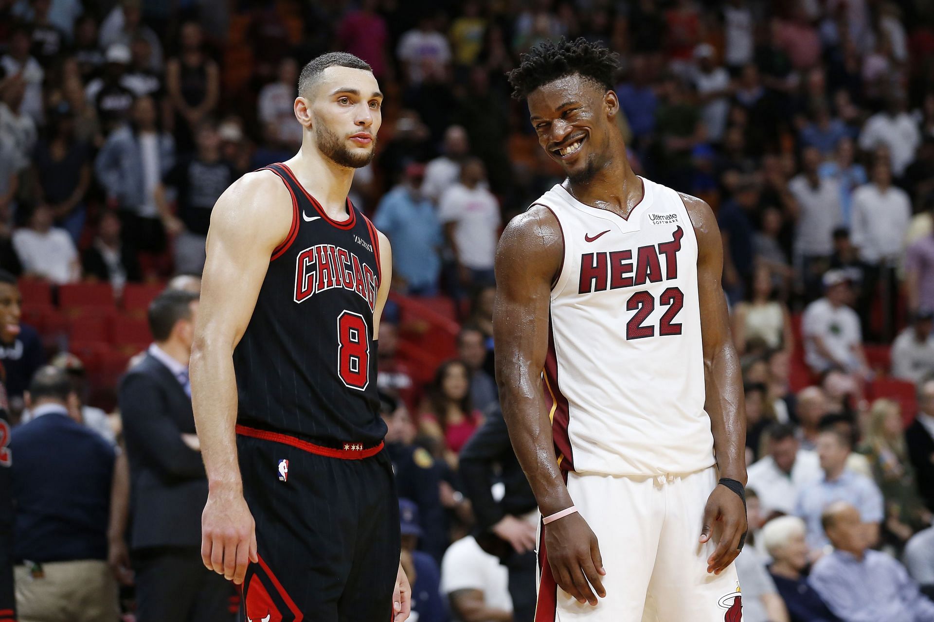 Zach LaVine of the Chicago Bulls and Jimmy Butler of the Miami Heat