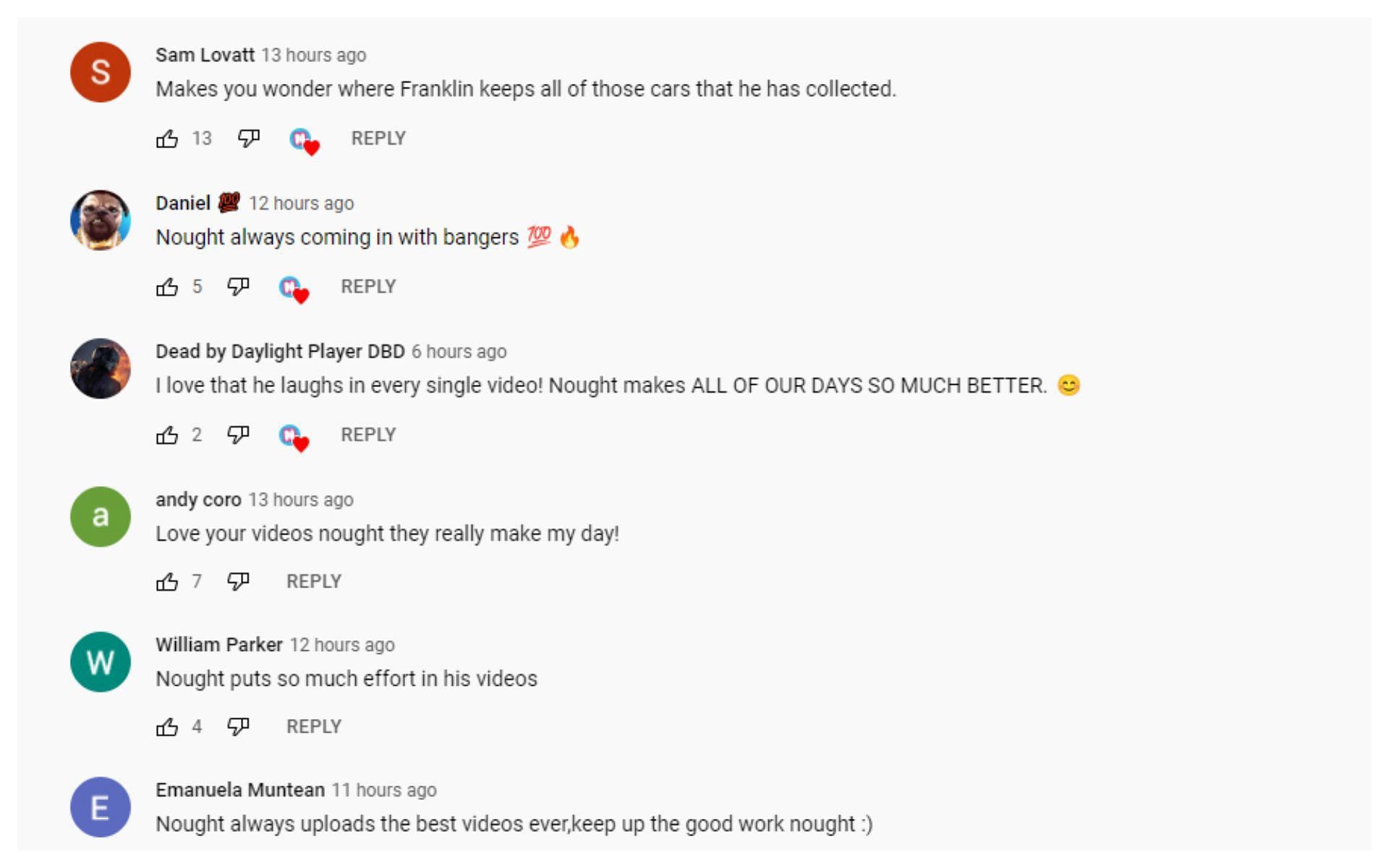 Lots of support on Nought&#039;s channel (Image via YouTube)