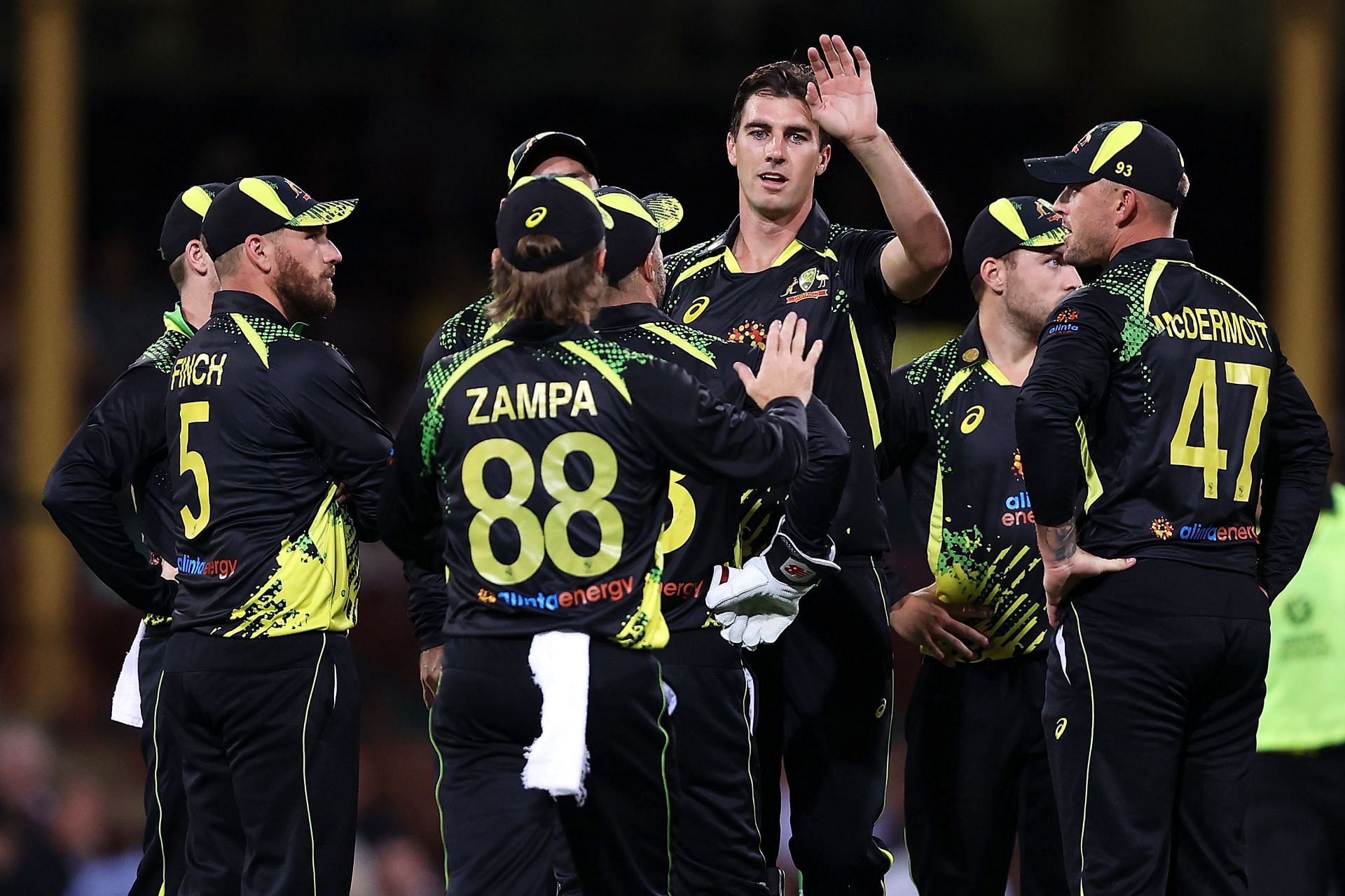 Pat Cummins celebrates with teammates during the T20 series against Sri Lanka. Pic: Getty Images
