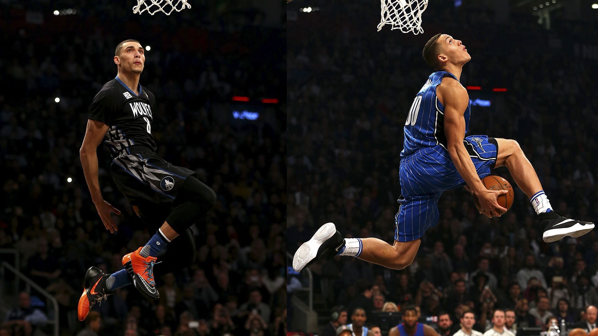 Zach LaVine and Aaron Gordon brought the house down with one electric dunk after another in the controversial 2016 Dunk Contest. [Photo: Sporting News]