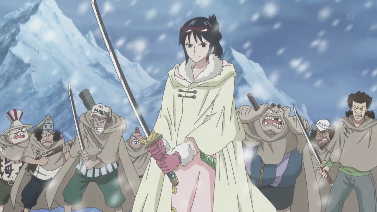Tashigi (front center) leading soldiers during the series&#039; anime (Image via Toei Animation)