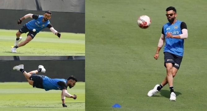 Virat Kohli plays football during practice session ahead of 1st ODI vs West Indies