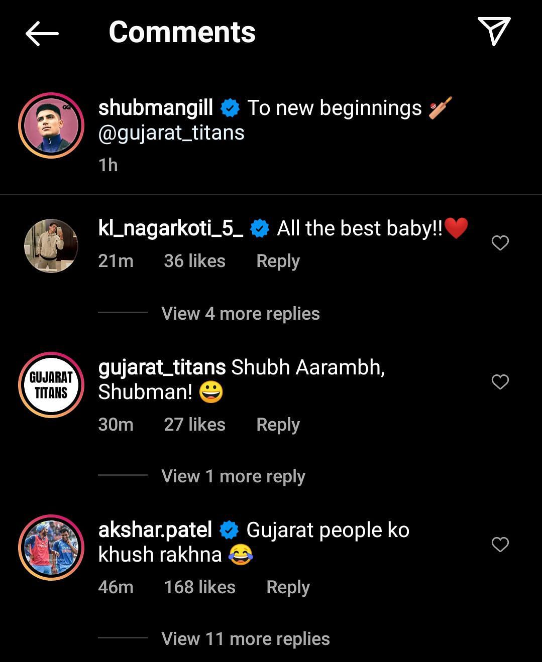 Kamlesh Nagarkoti, Gujarat Titans and Axar Patel left a comment under Gill&#039;s latest Instagram post.