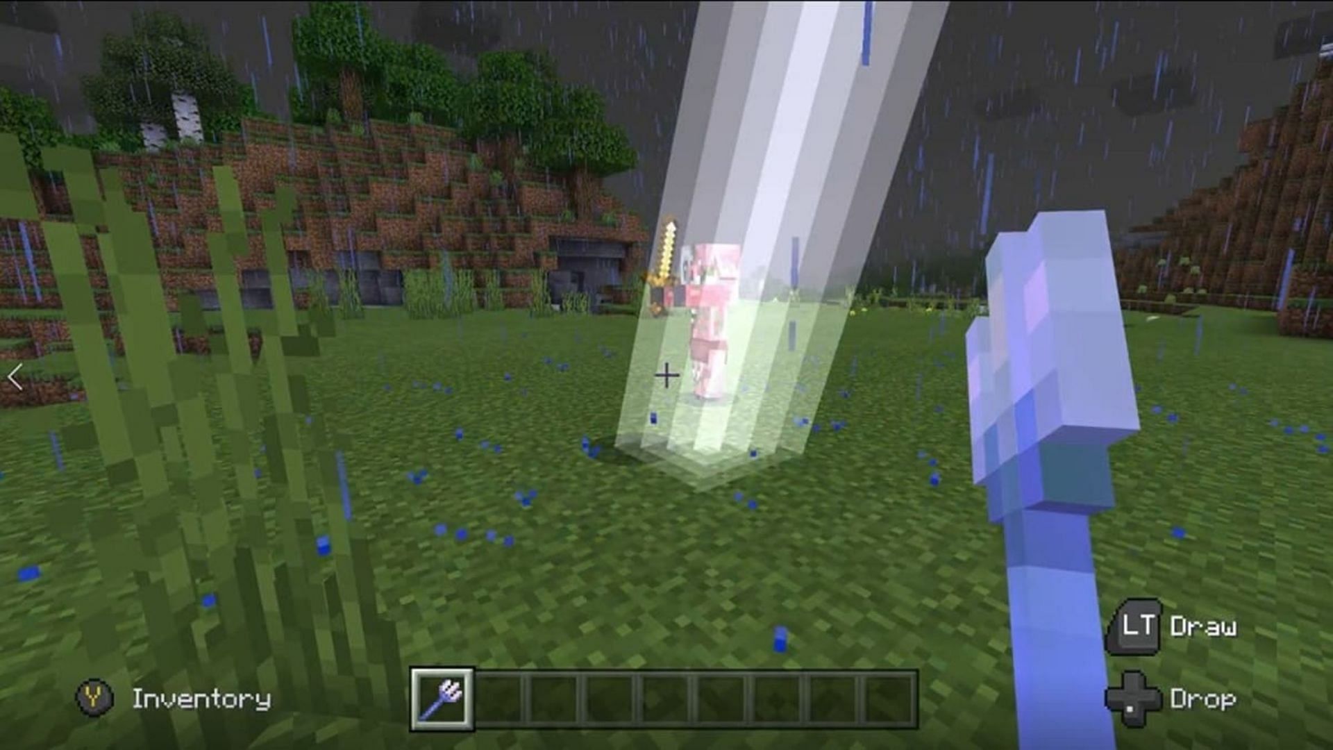 Tridents with the right enchantments can call down lightning during storms (Image via Mojang)