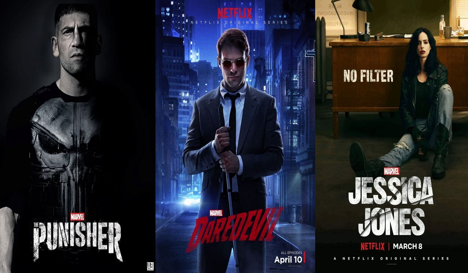 The Punisher, Daredevil, and Jessica Jones (Image via Netflix/Marvel)