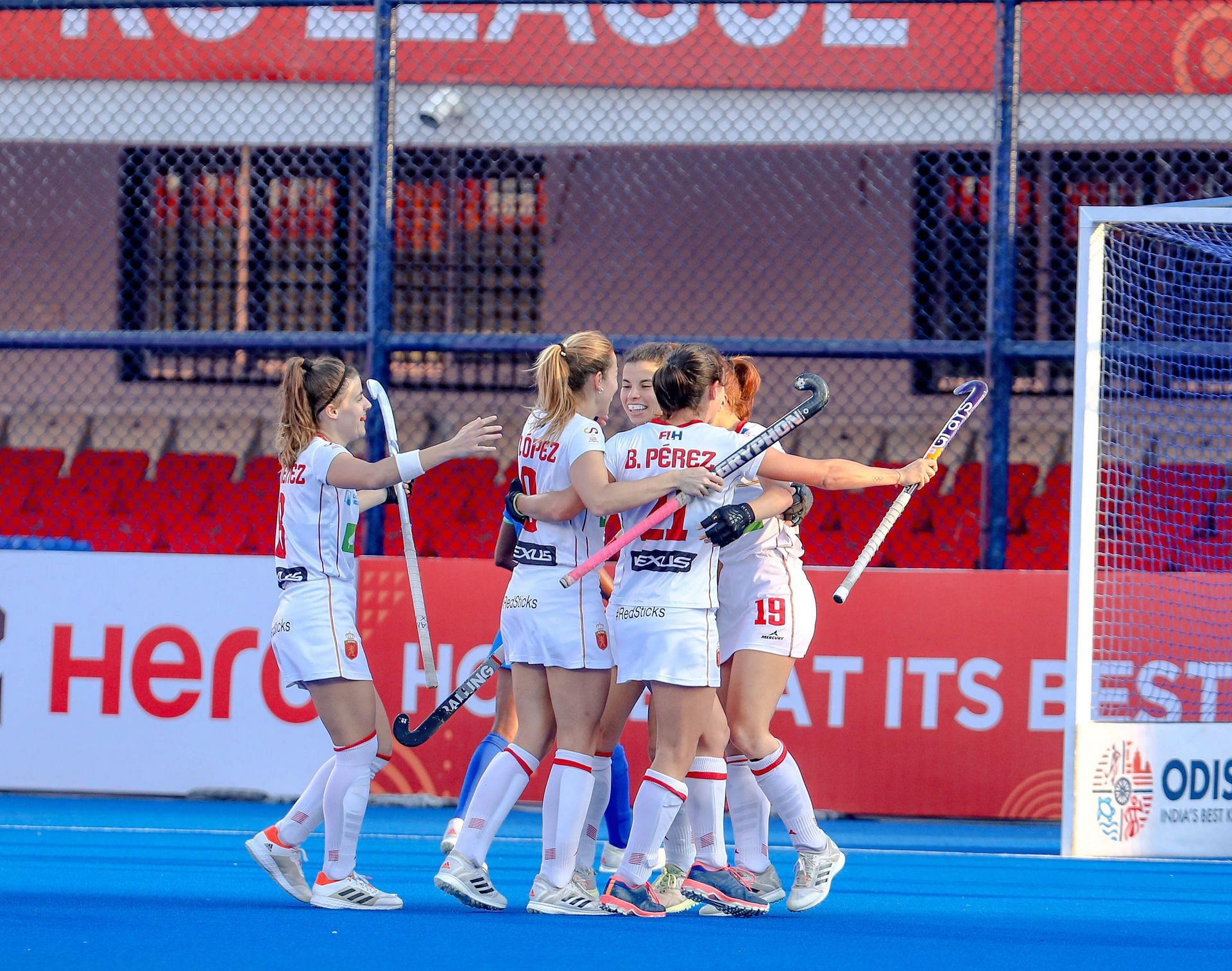 Spain&#039;s women team celebrate a goal against India. (PC: Hockey India)