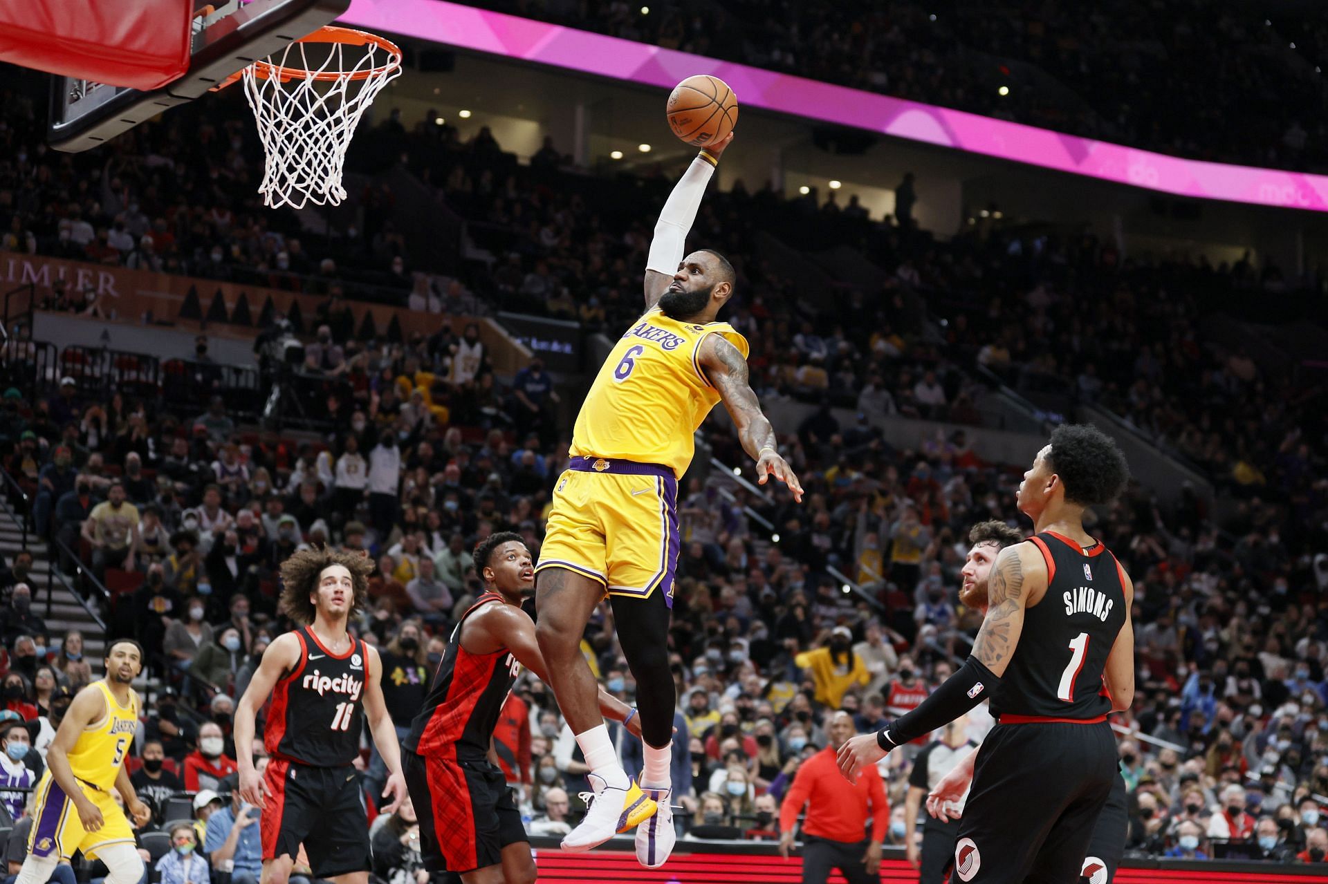 LeBron James of the LA Lakers dunks against the Portland Trail Blazers on Feb. 9 in Portland, Oregon.
