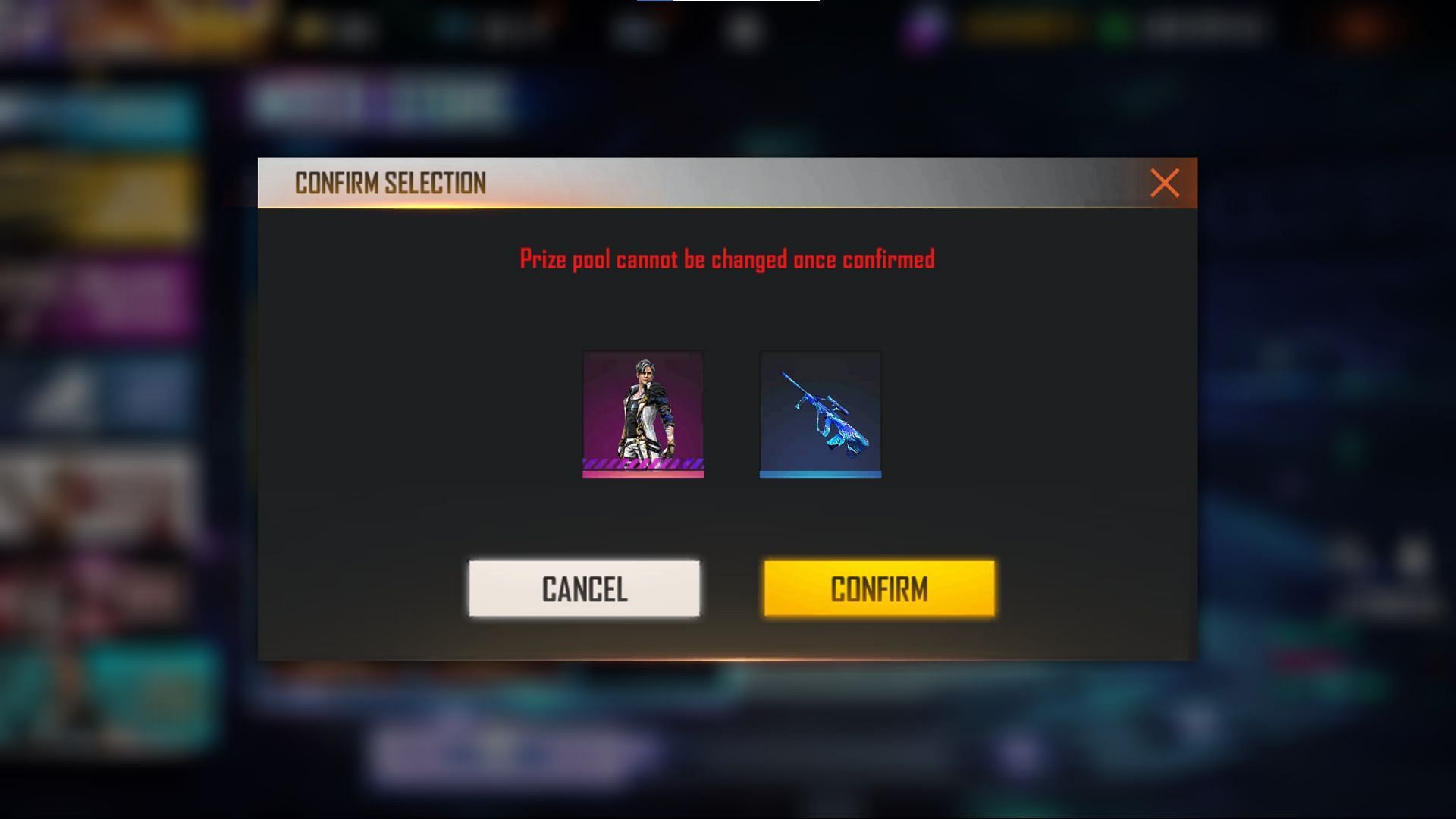 Users cannot change the prize pool after selecting the items (Image via Garena)