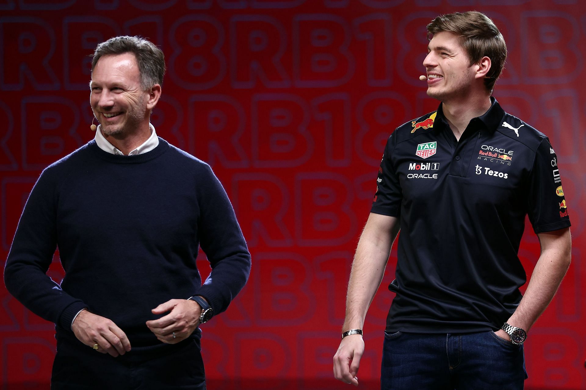 Christian Horner (left) and Max Verstappen (right) during the launch of the Red Bull RB18 (Photo by Bryn Lennon/Getty Images)