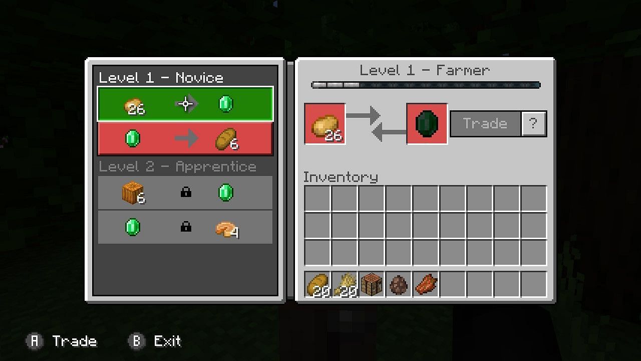 Players can trade with a farmer villager to acquire bread and other goods. (Image via Mojang)