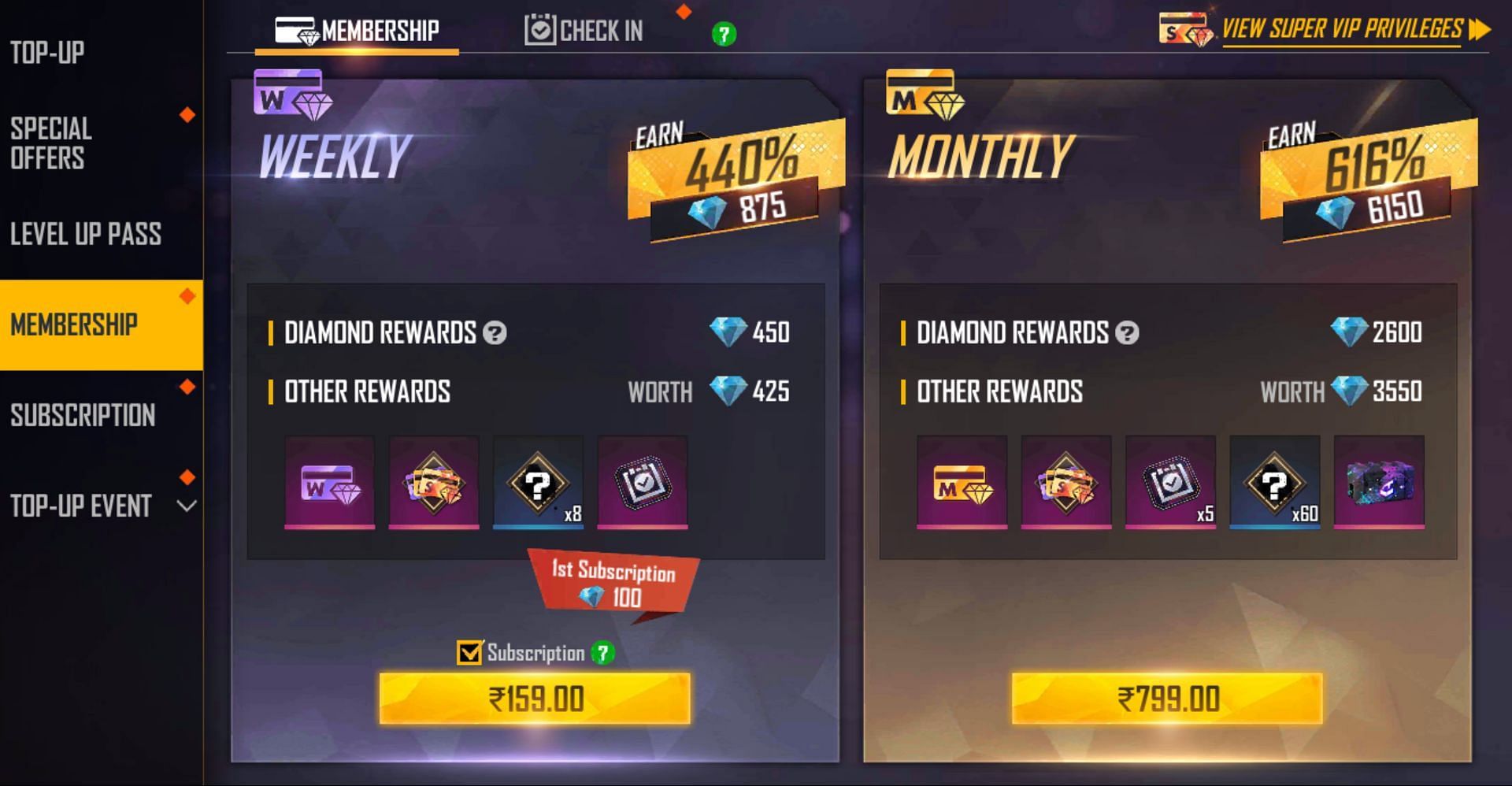 There are two different types of memberships available within the game (Image via Garena)