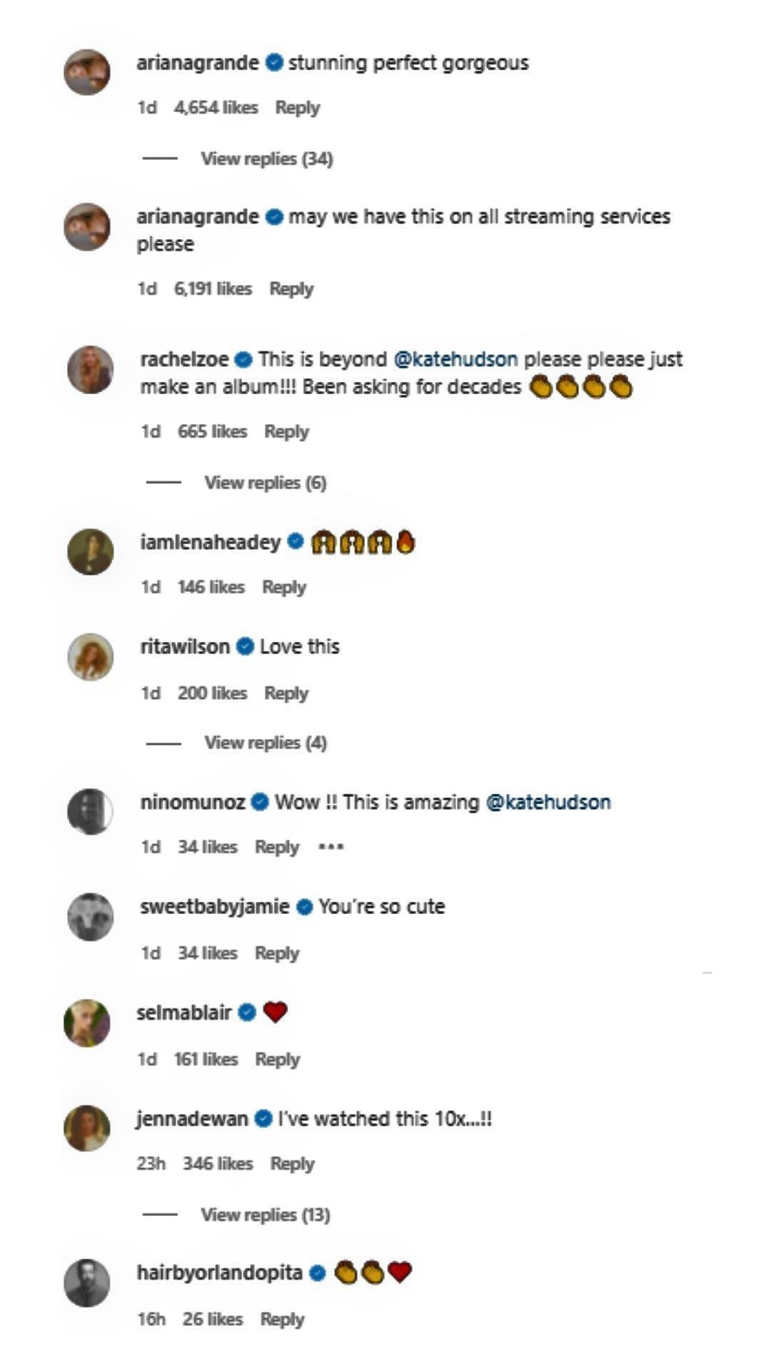 Comments on Hudson&#039;s post (Image via Kate Hudson/Instagram)
