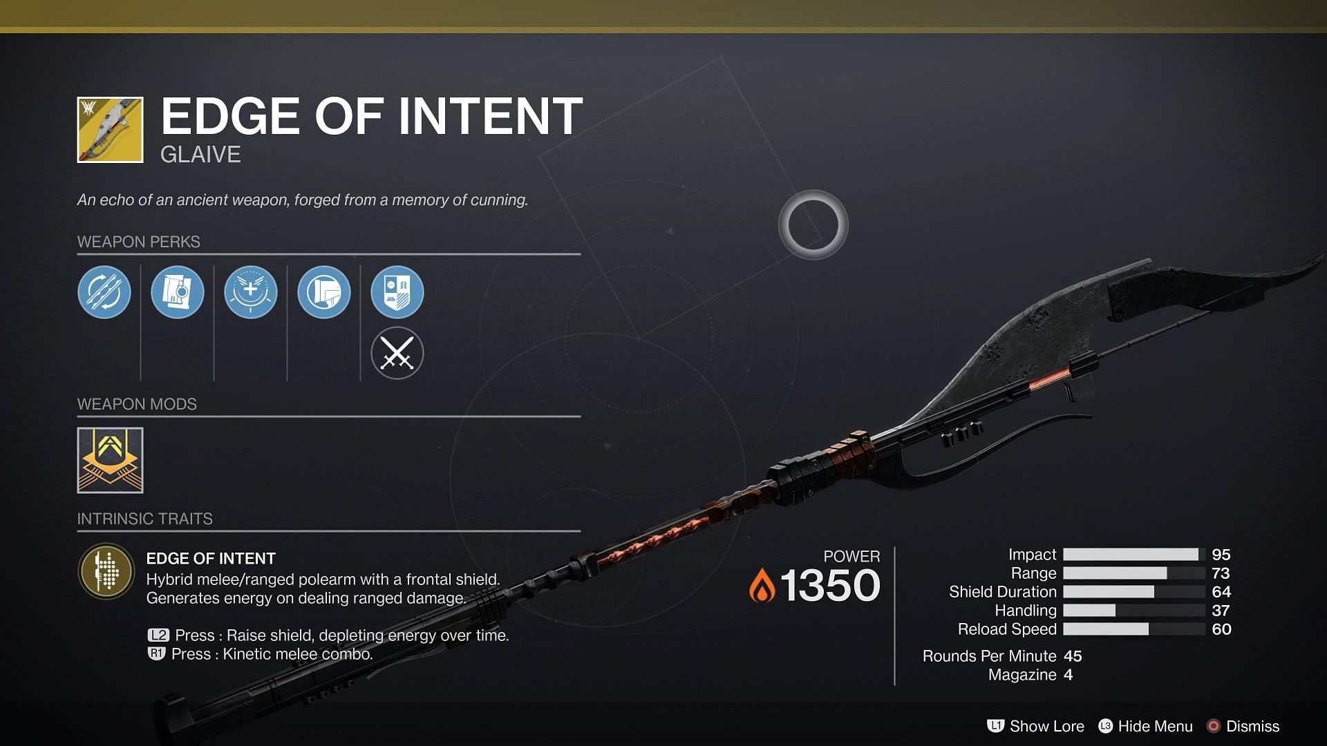 The Exotic Warlock Glaive, Edge of Intent allows players to create a restorative turret when used with full energy (Image via Destiny 2: The Witch Queen)