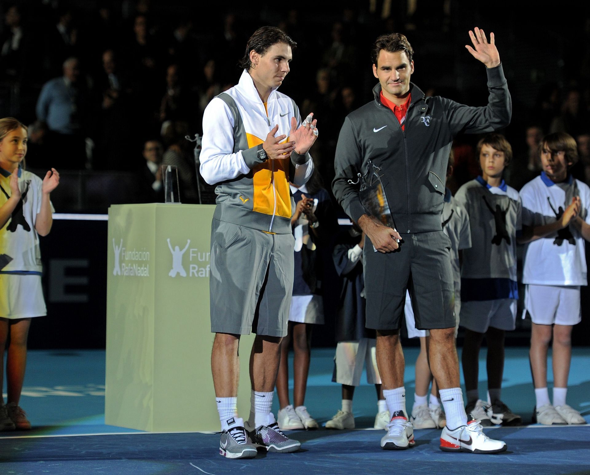 The two legends - Rafael Nadal and Roger Federer - pose at the first edition of the charity exhibition