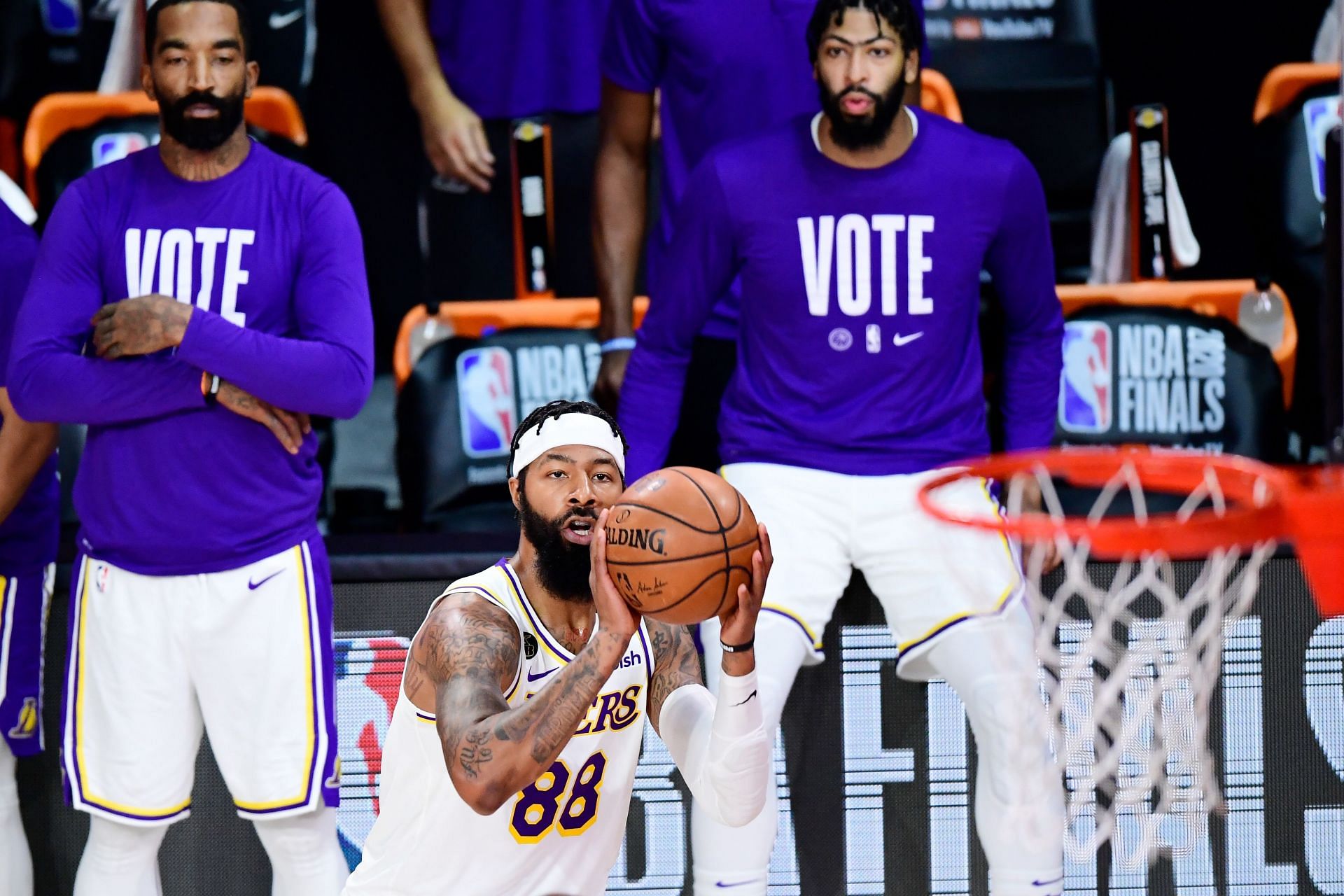 Markieff Morris #88 of the Los Angeles Lakers shoots a three point basket during the second quarter against the Miami Heat in Game Six of the 2020 NBA Finals at AdventHealth Arena at the ESPN Wide World Of Sports Complex on October 11, 2020 in Lake Buena Vista, Florida.