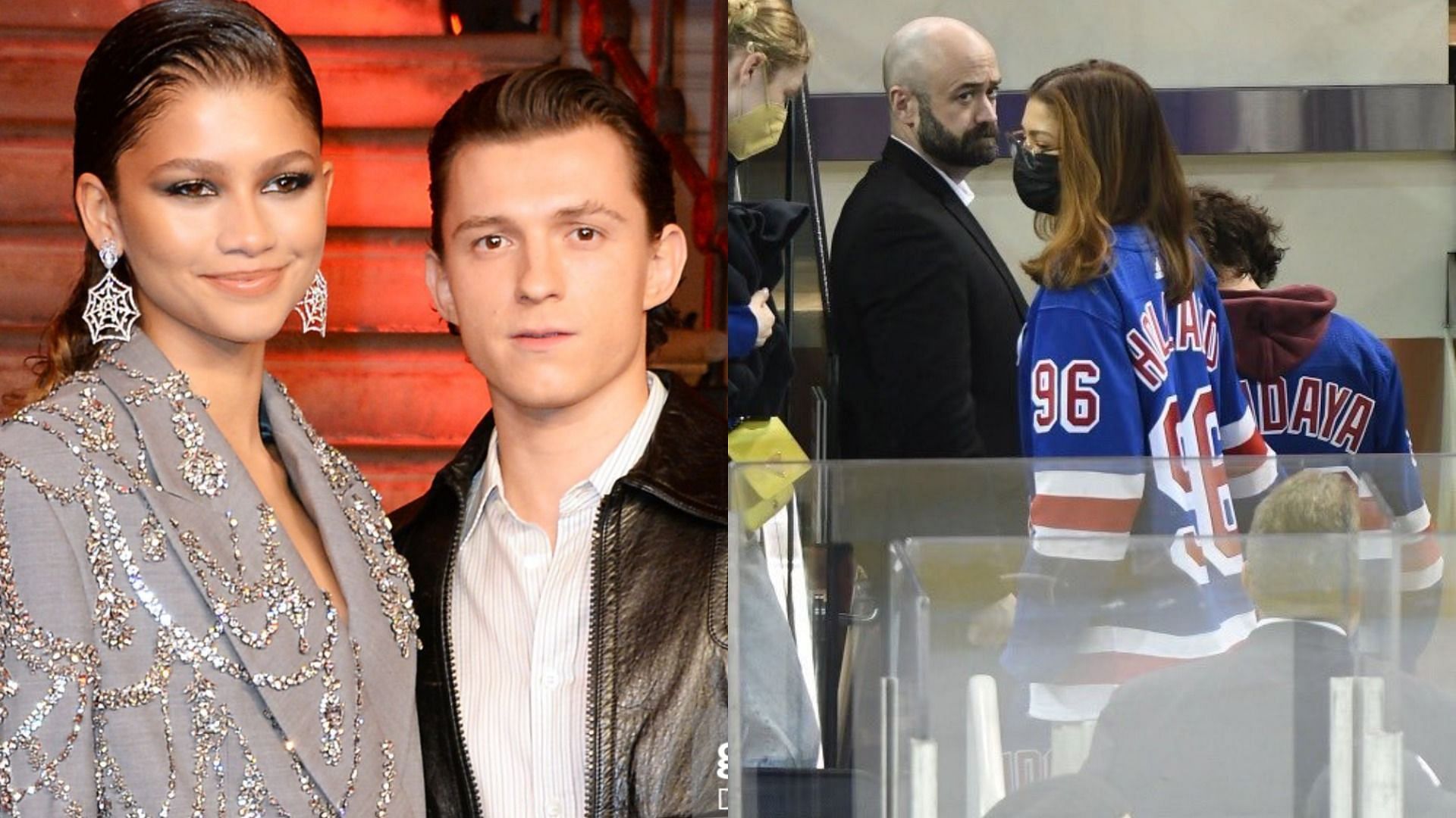 Zendaya and Tom Holland donned matching New York Rangers jerseys with each other&#039;s names on it (Image via David M. Benett/Getty Images and Bleacher Report/Twitter)