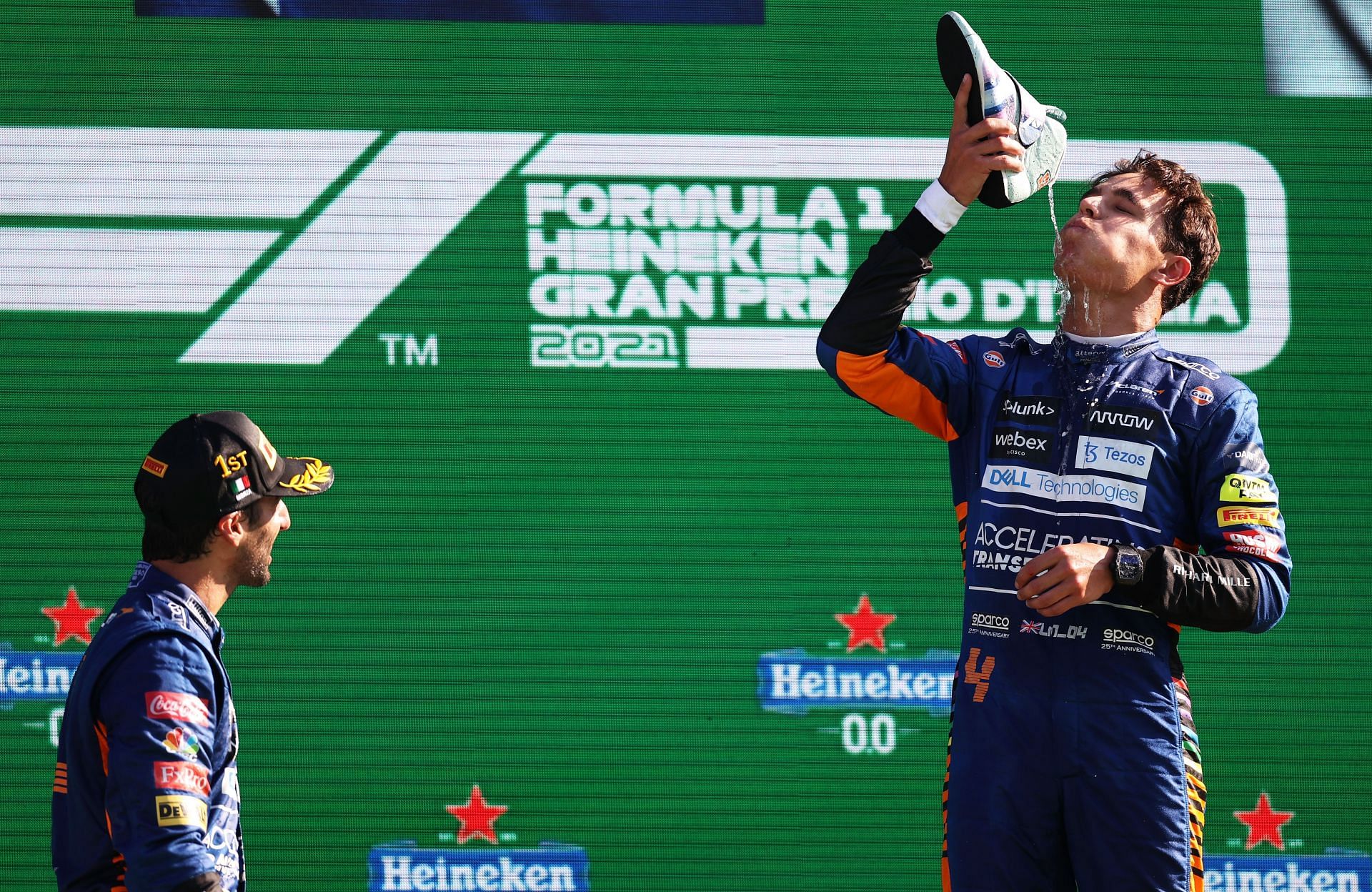 F1 Grand Prix of Italy - Lando Norris and Daniel Ricciardo celebrate at Monza.