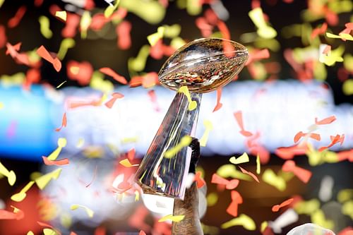 Confetti surrounding the Vince Lombardi trophy