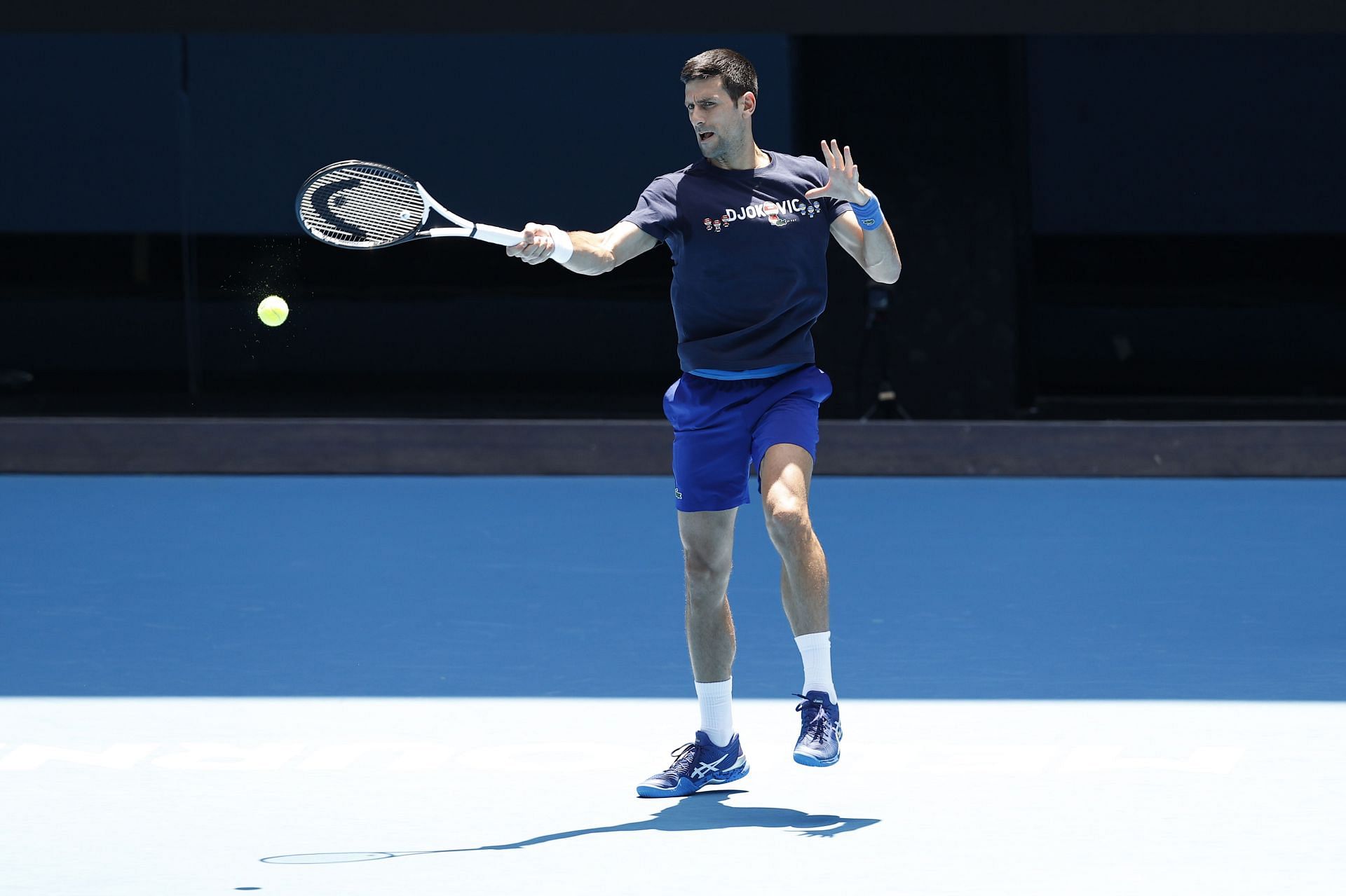 Novak Djokovic at a training session at the Australian Open 2022