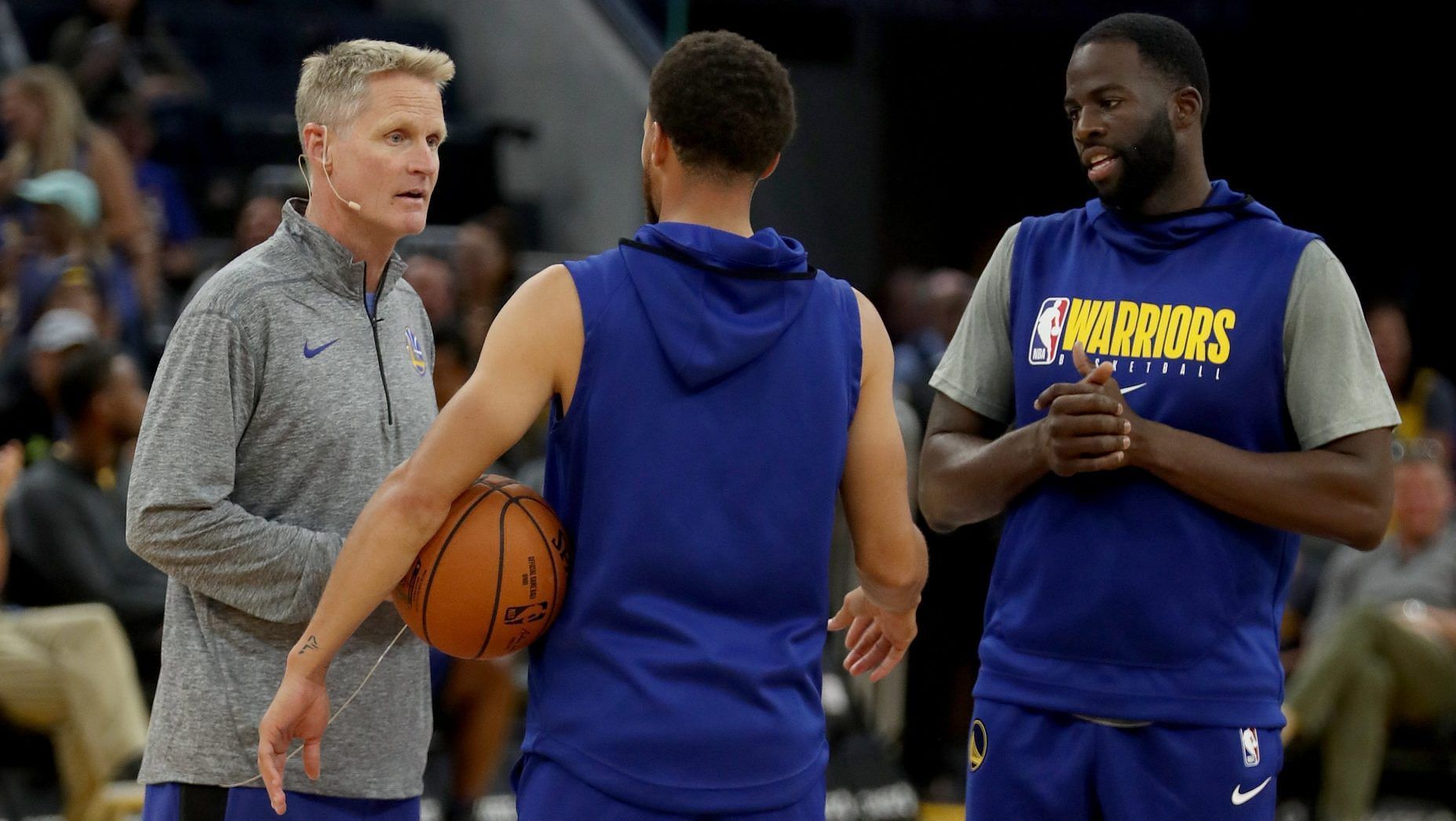 Coach Steve Kerr of the Golden State Warriors with Steph Curry and Draymond Green in practice [Source: Bay Area News Group]