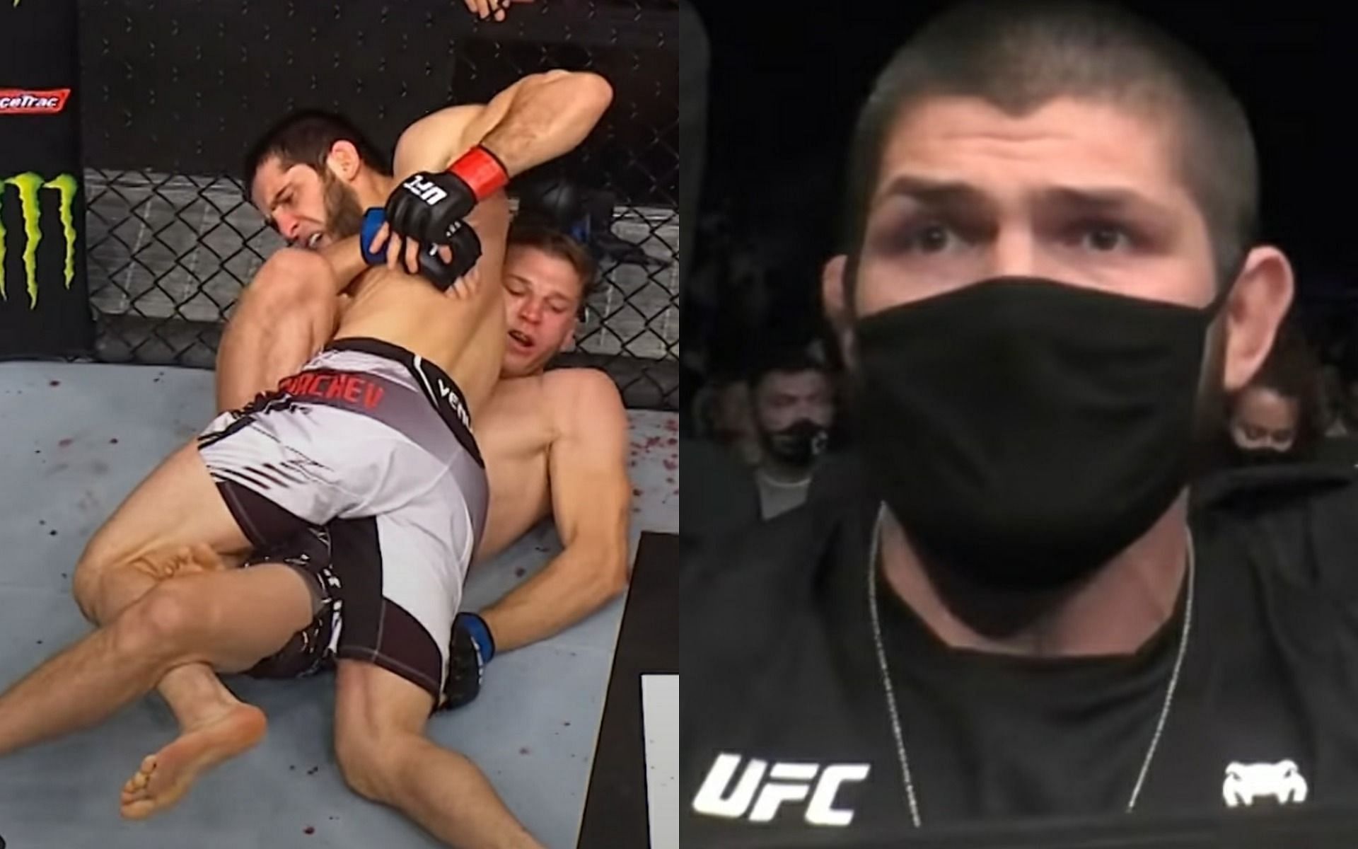 Makhachev in action against Hooker inside the octagon (left) as Khabib watches on from the outside (right) [Image Credit: via @ufc on Instagram]
