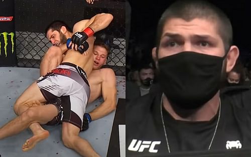 Makhachev in action against Hooker inside the octagon (left) as Khabib watches on from the outside (right) [Image Credit: via @ufc on Instagram]