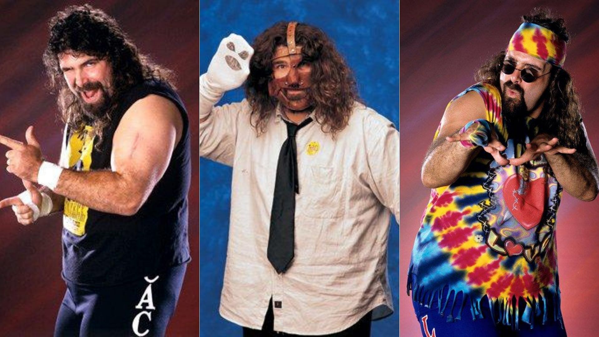 The three faces of Mick Foley: Cactus Jack (left), Mankind (center), and Dude Love (right)