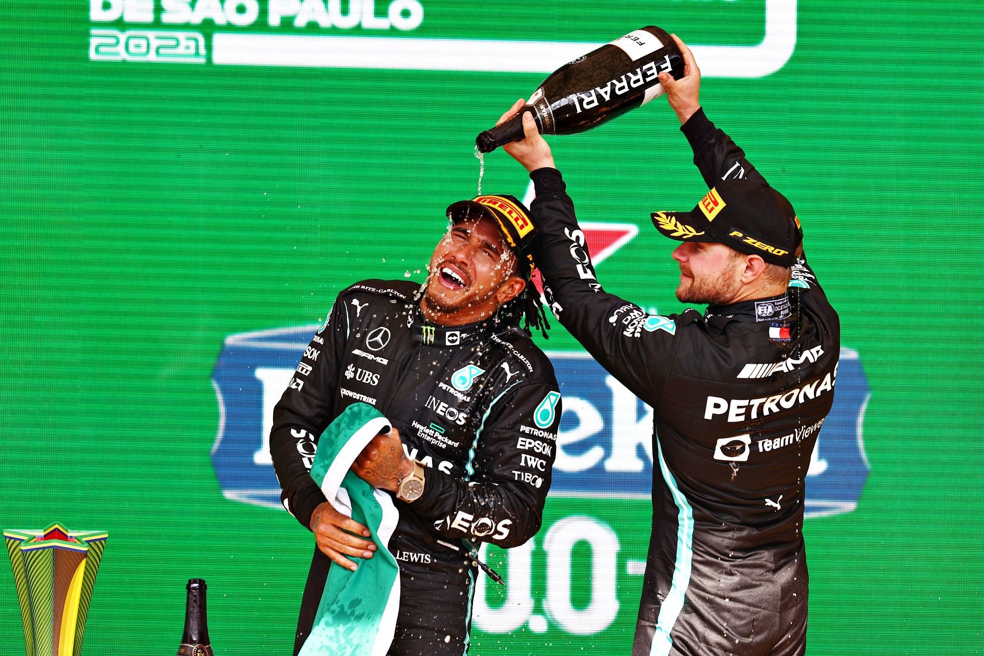 Lewis Hamilton (left) and Valtteri Bottas (right) on the podium of the 2021 Sao Paulo Grand Prix (Photo by Mark Thompson/Getty Images)