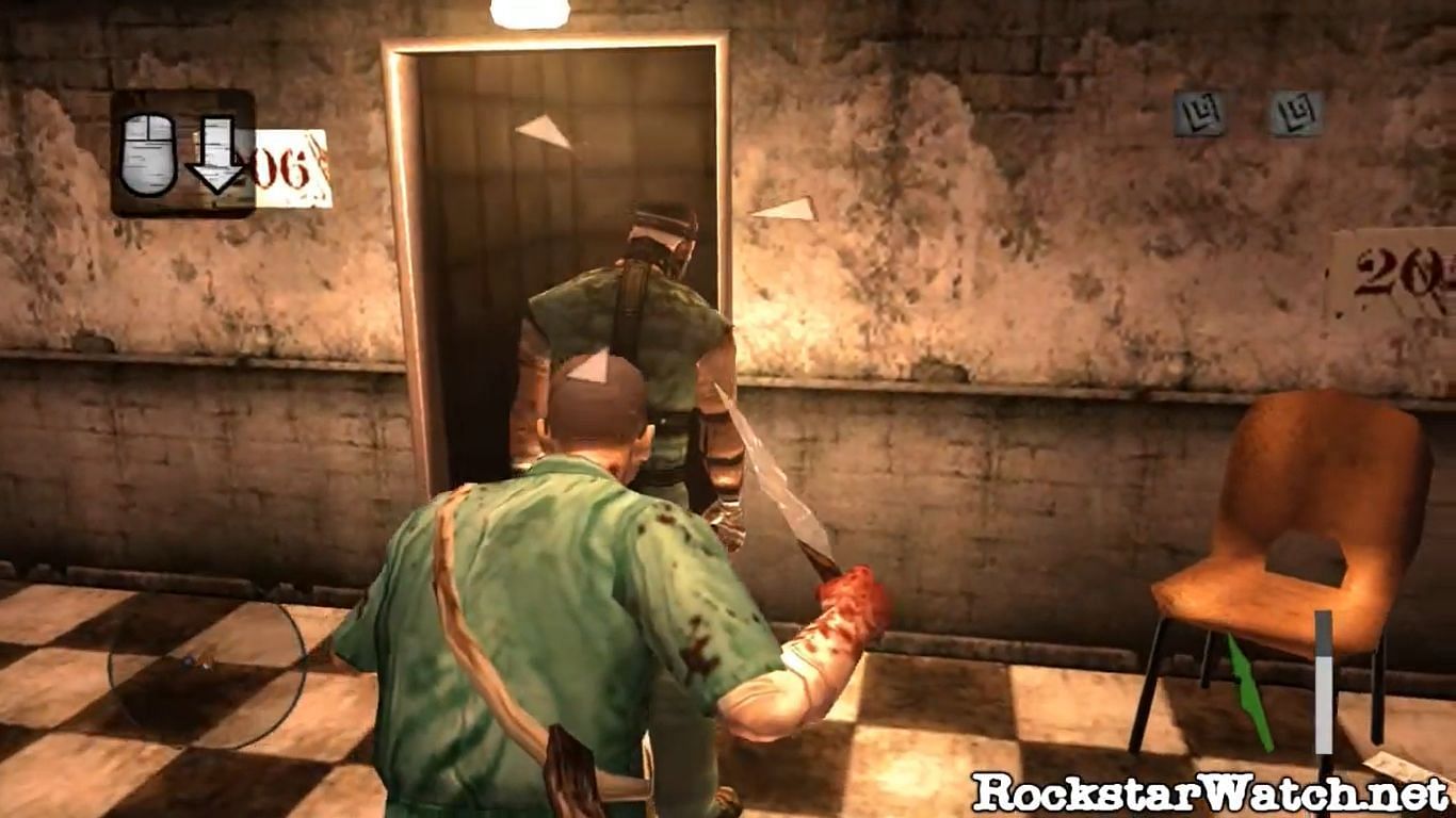 Manhunt protagonist approaches enemy with glass shard (Image via YouTube @RockstarWatchTV)