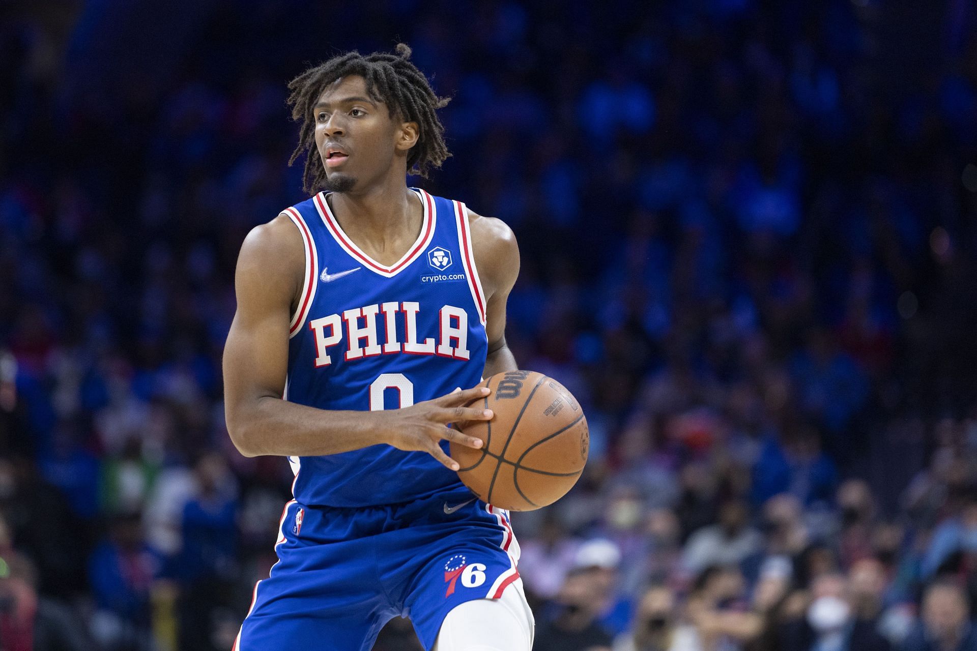 Tyrese Maxey #0 of the Philadelphia 76ers dribbles the ball against the Atlanta Hawks in the first half at the Wells Fargo Center on October 30, 2021 in Philadelphia, Pennsylvania. The 76ers defeated the Hawks 122-94