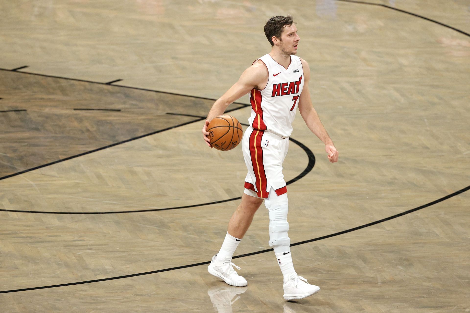 Goran Dragic #7 of the Miami Heat dribbles during the first half against the Brooklyn Nets.