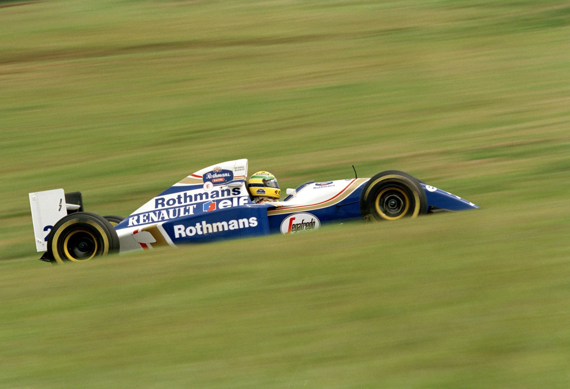 Ayrton Senna drives the Williams FW16 during the 1994 F1 Grand Prix of Brazil (Photo by Mike Hewitt/Getty Images)
