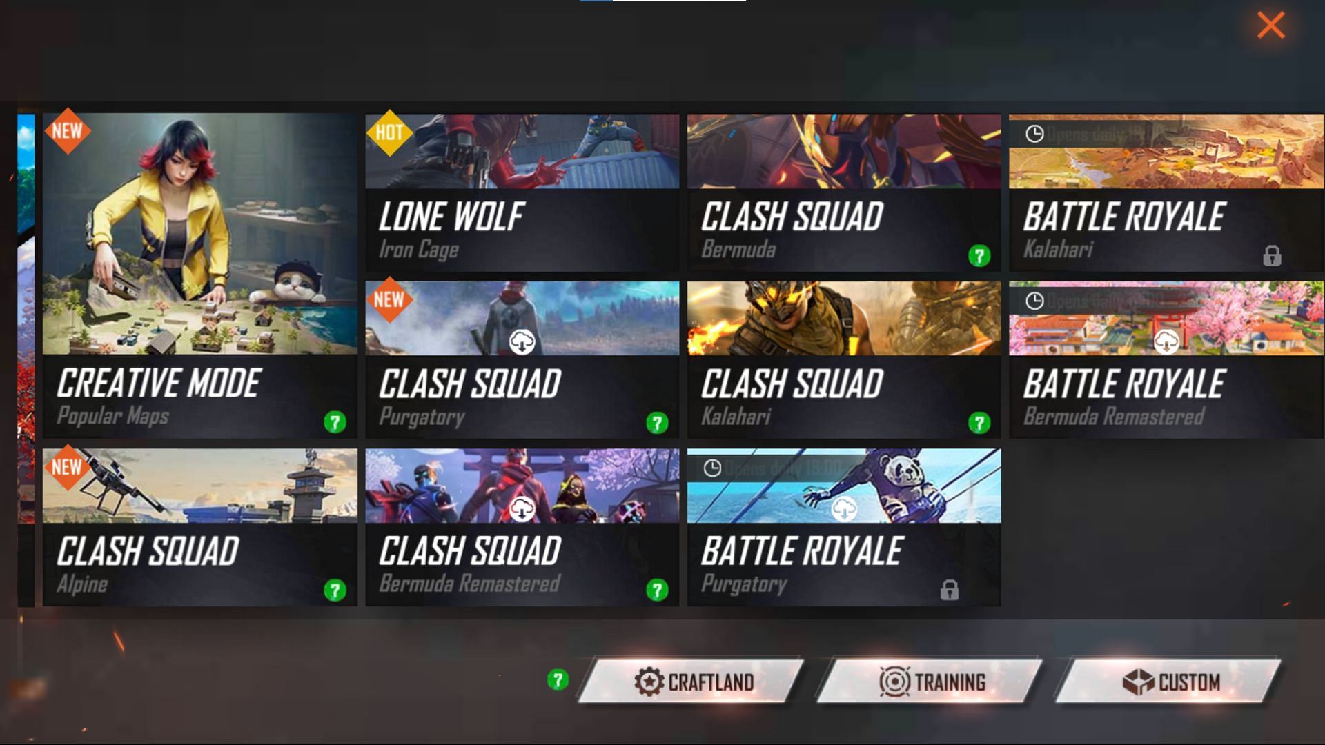 The game modes (Image via Garena)