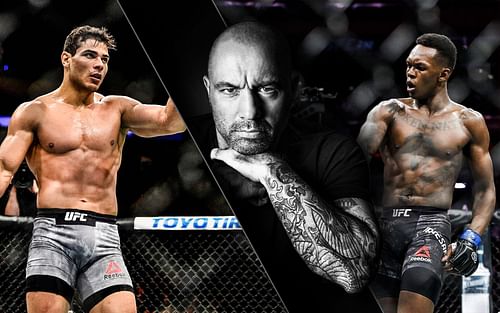 Paulo Costa (left), Joe Rogan (center) and Israel Adesanya (right)