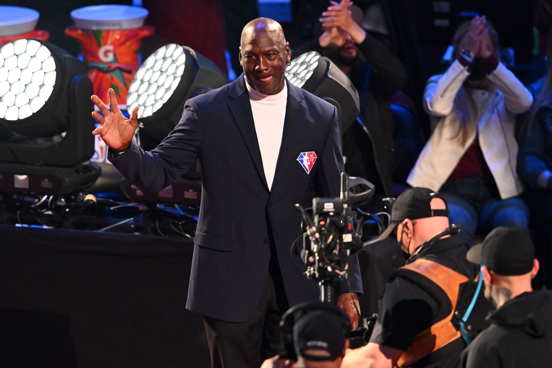Michael Jordan reacts after being introduced as part of the NBA 75th Anniversary Team during the 2022 NBA All-Star Game