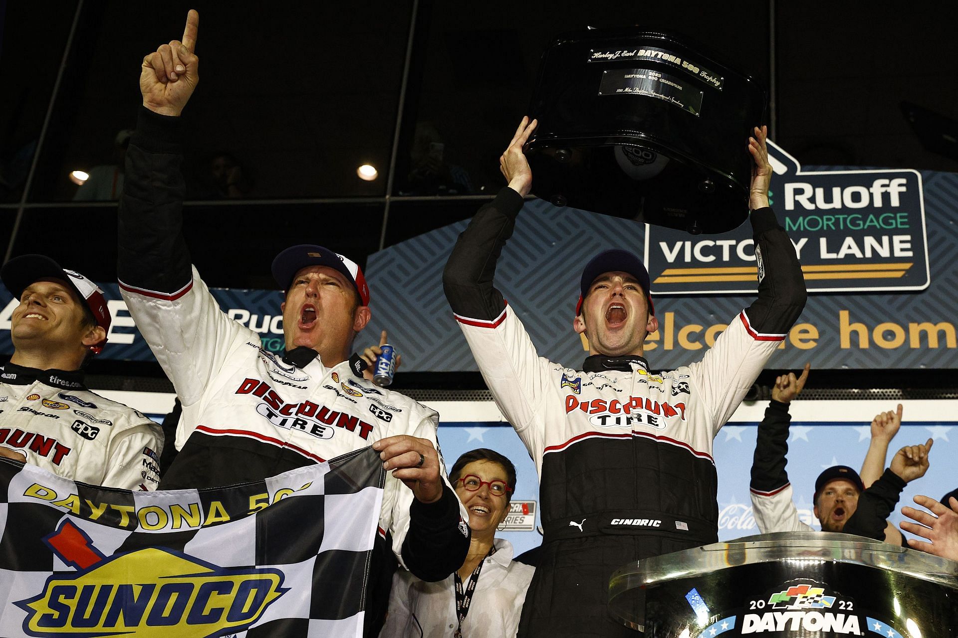 Team Penske celebrates in the Ruoff Mortgage Victory Lane after its driver Austin Cindric won the 64th Annual Daytona 500