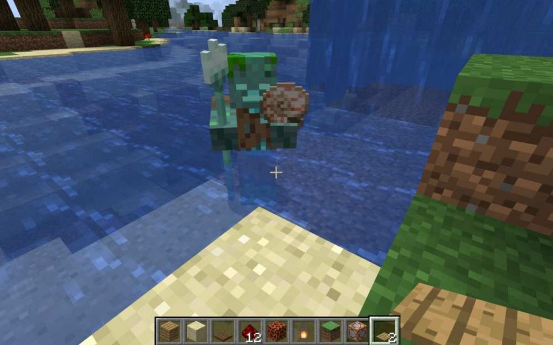 A drowned carrying a trident and nautilus shell (Image via Mojang)