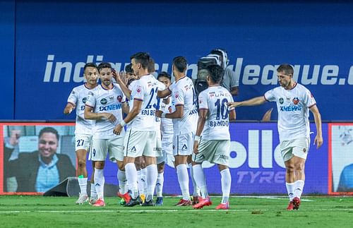 FC Goa players celebrate a goal against Chennaiyin FC. [Credits: ISL]