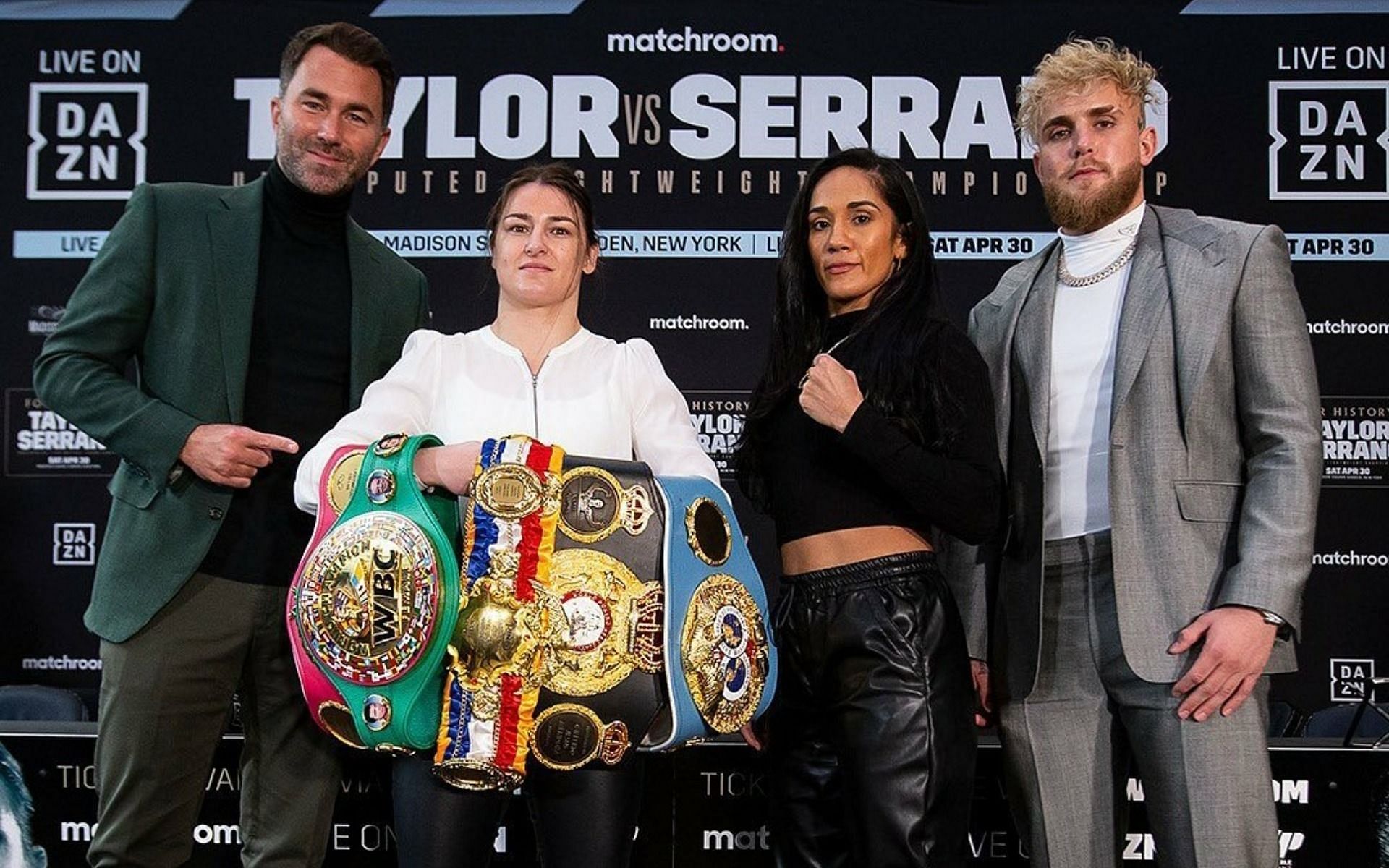 Co-promoters Eddie Hearn (left) and Jake Paul (right) with Katie Taylor and Amanda Serrano (center) at MSG [Image Credit: @matchroomboxing on Instagram]