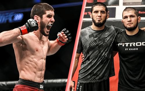 Islam Makhachev reacts after a win (left) and Khabib with Makhachev (right; Image Credit: @khabib_nurmagomedov on Insta)